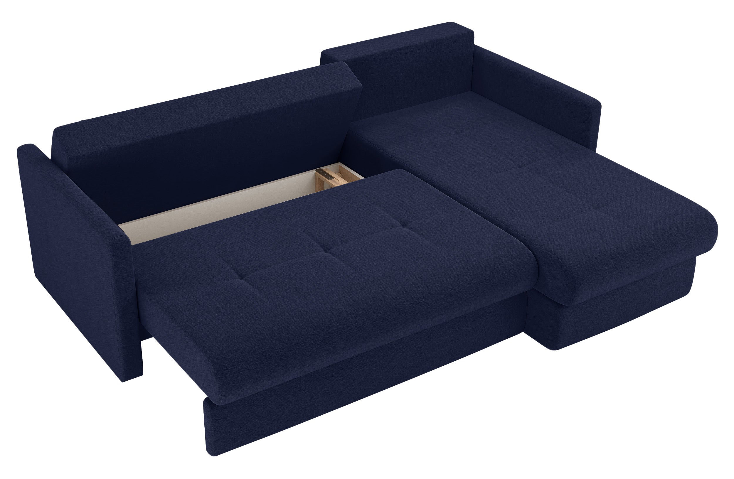 Ecksofa mit Schlafunktion Lorro, L-förmig, universell, mit zwei Stauraumfächern, marineblauer Chenillestoff