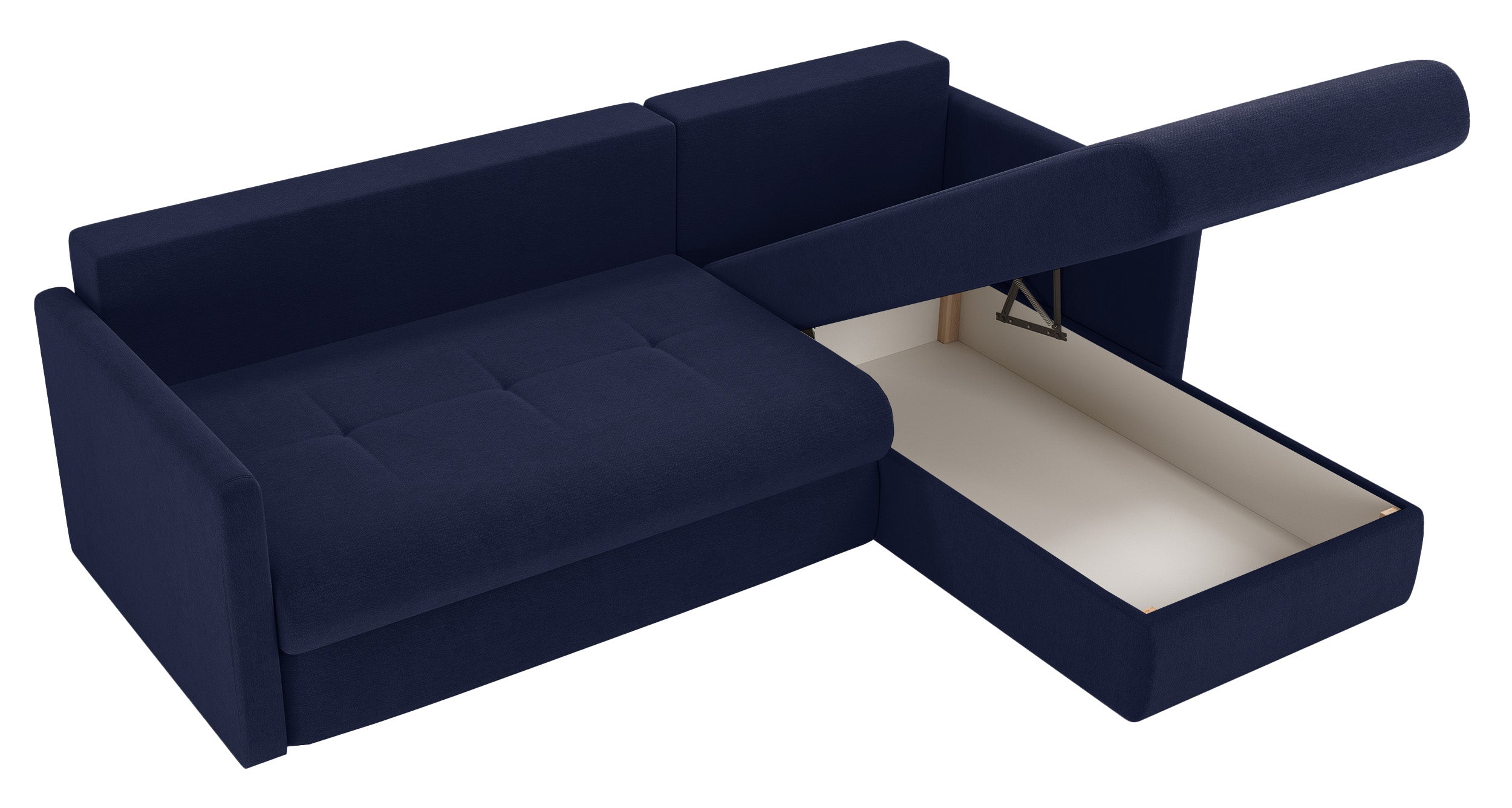 Ecksofa mit Schlafunktion Lorro, L-förmig, universell, mit zwei Stauraumfächern, marineblauer Chenillestoff