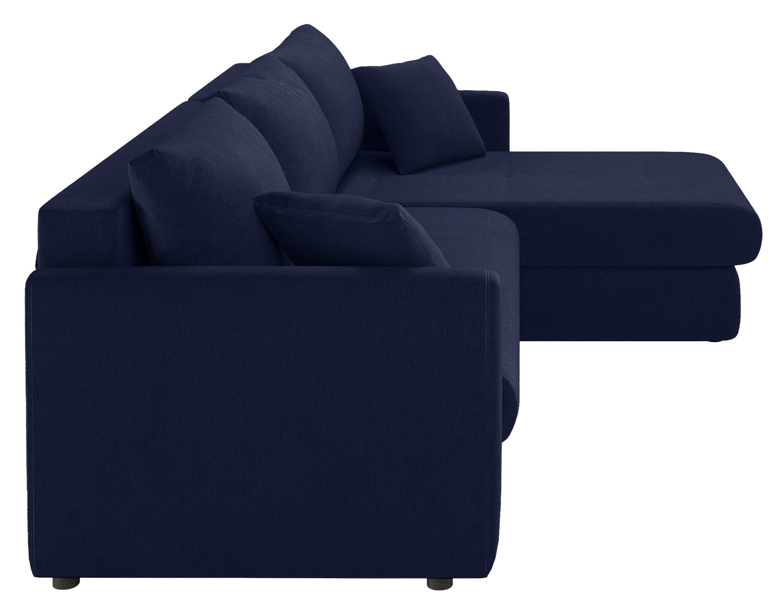 Ecksofa mit Schlafunktion Lorro, L-förmig, universell, mit zwei Stauraumfächern, marineblauer Chenillestoff
