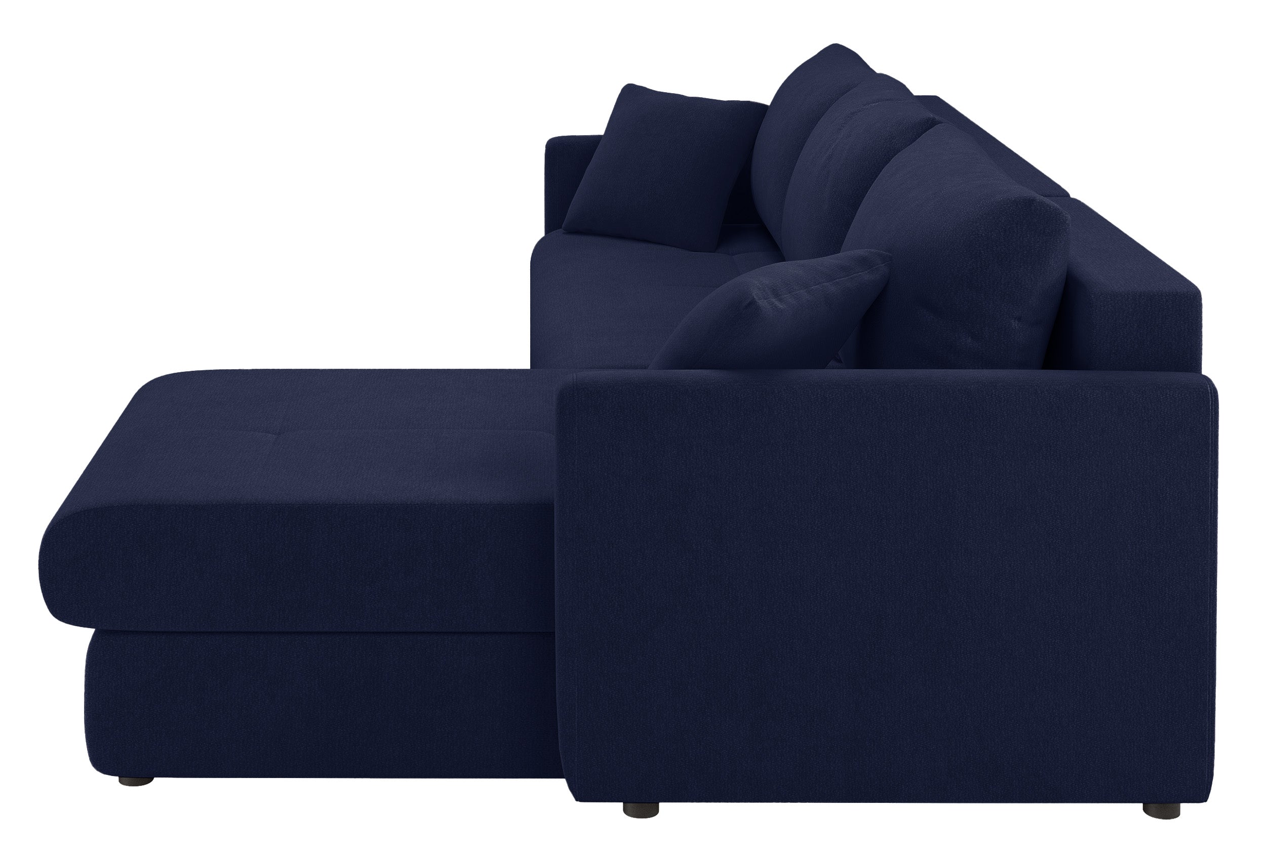 Ecksofa mit Schlafunktion Lorro, L-förmig, universell, mit zwei Stauraumfächern, marineblauer Chenillestoff