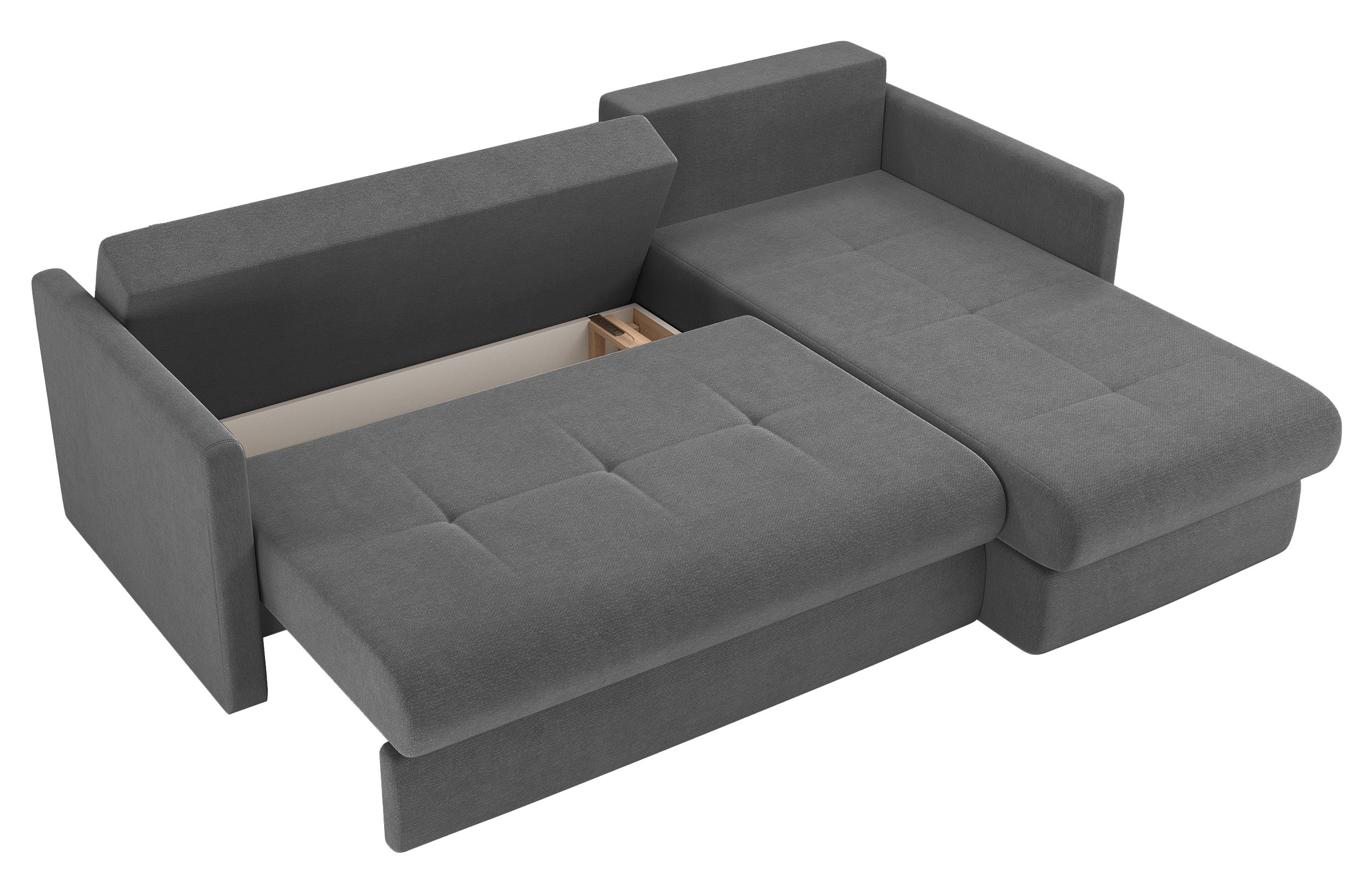 Ecksofa mit Schlaffunktion Lorro, L-förmig, universell mit zwei Stauraumfächern, grauer Chenillestoff