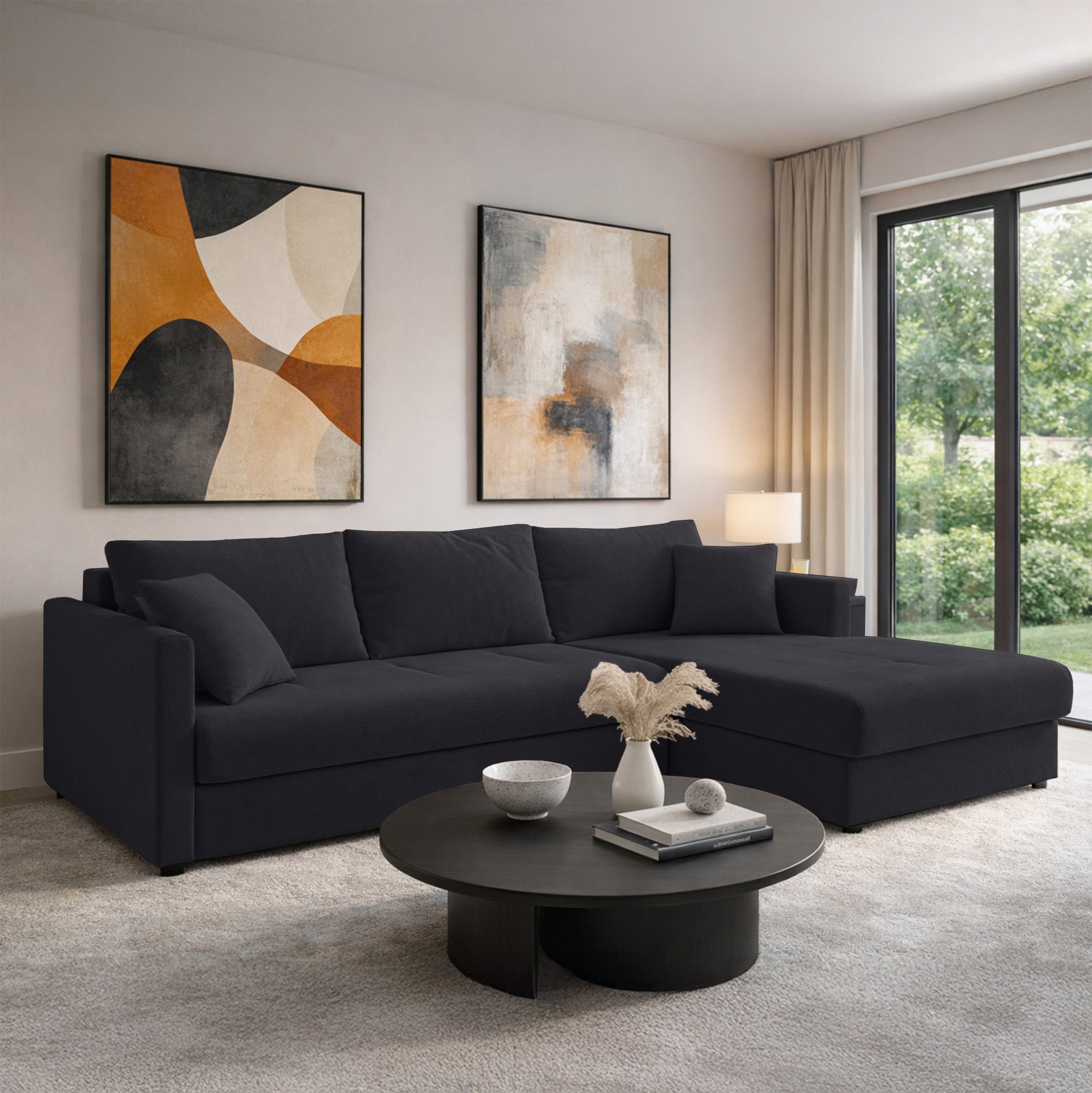 Ecksofa mit Schlaffunktion Lorro, L-förmig, universell mit zwei Stauraumfächern, graphitfarbener Chenillestoff