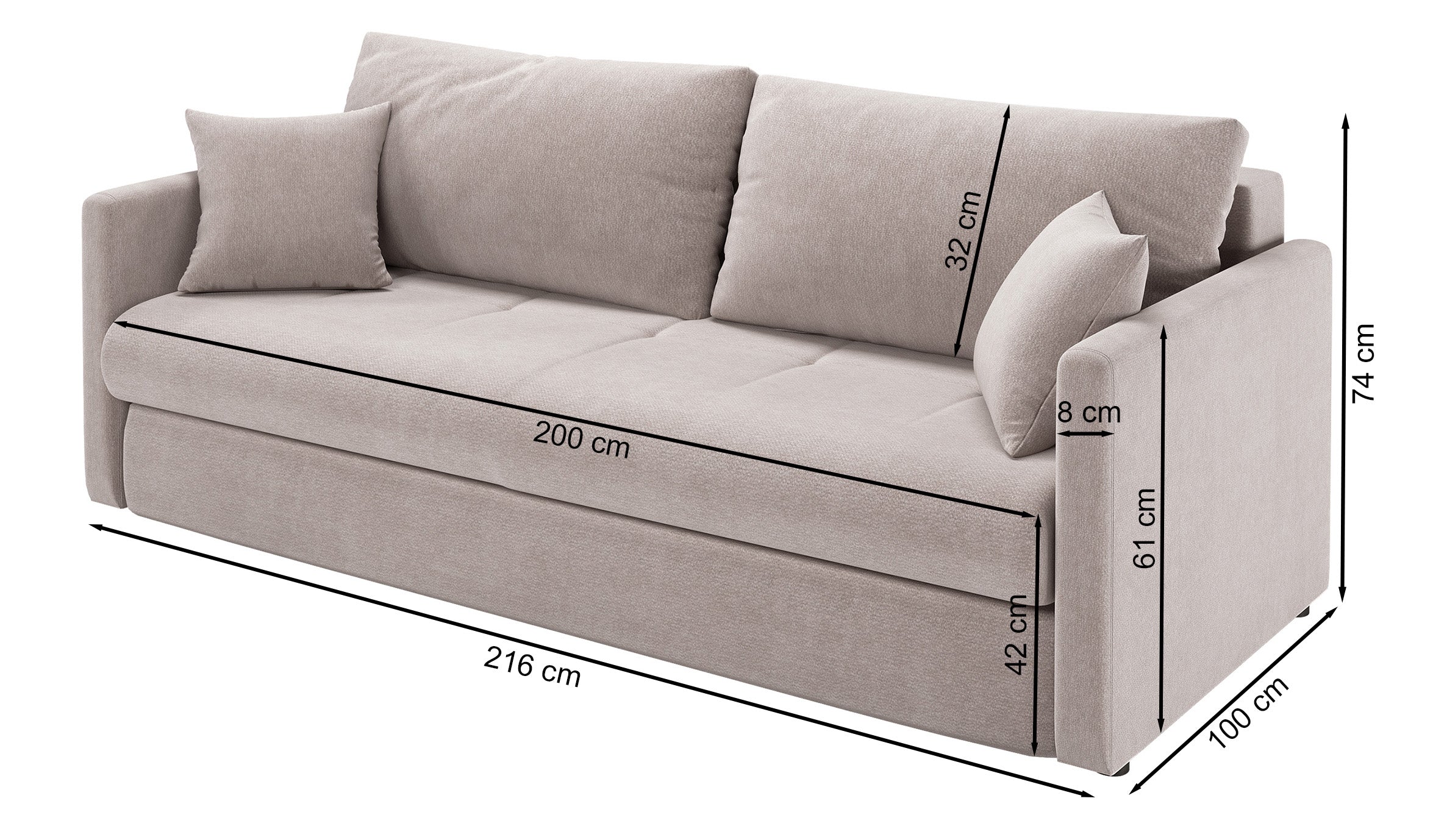 Dreisitziges ausklappbares Sofa Lorro mit Stauraum, hellbraunes Chenille