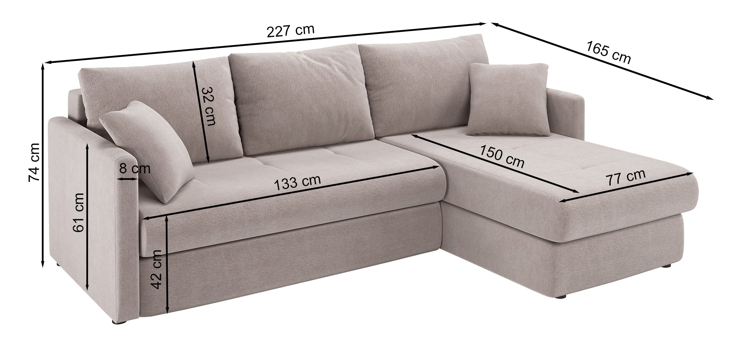Ecksofa mit Schlaffunktion Lorro, L-förmig, universell, mit zwei Stauraumfächern, grau-beige Chenille