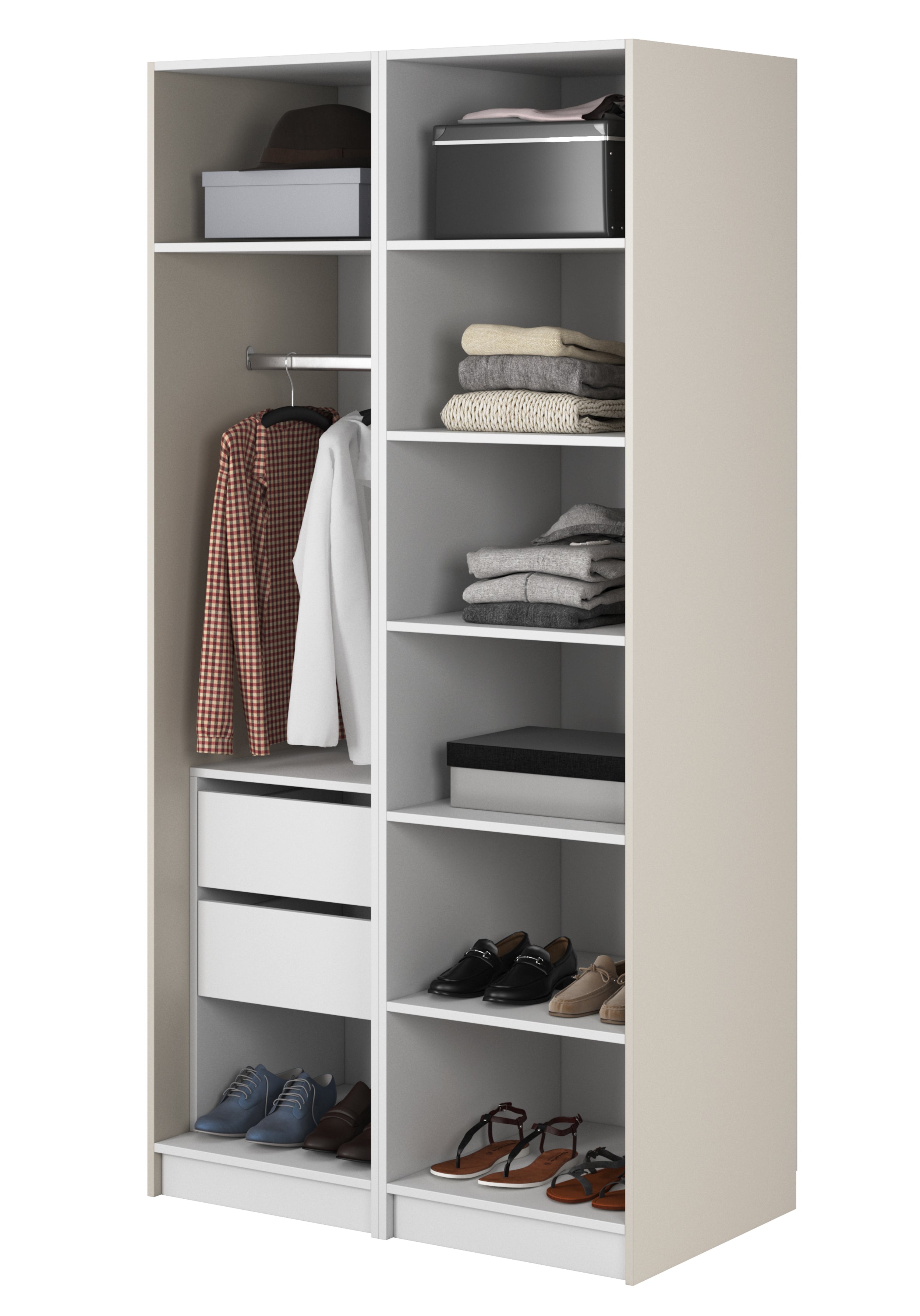 Zweiflügeliger Schrank Frame mit Kleiderstange, Regalen und Container, 100 cm, Grau-Beige