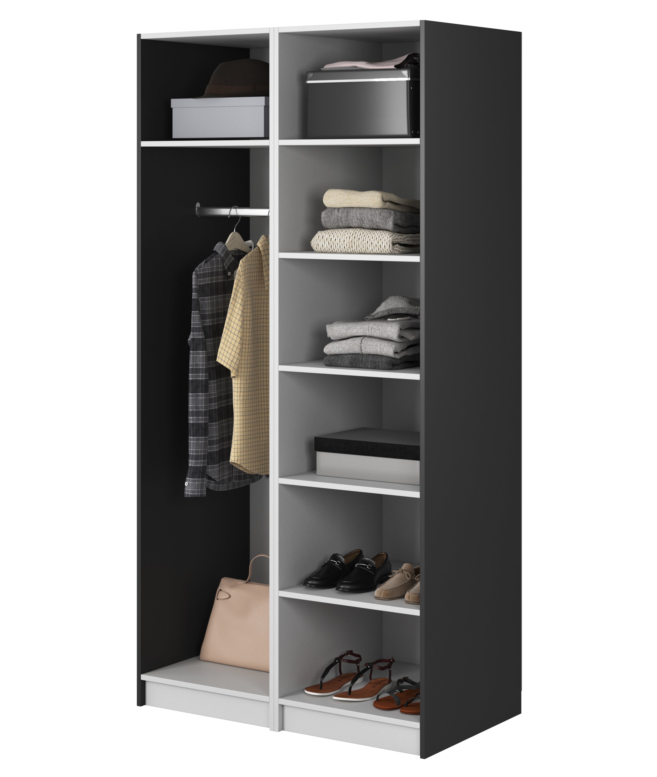 Zweittüriger Kleiderschrank Moonir mit Kleiderstange und Regalen 100 cm Schwarz