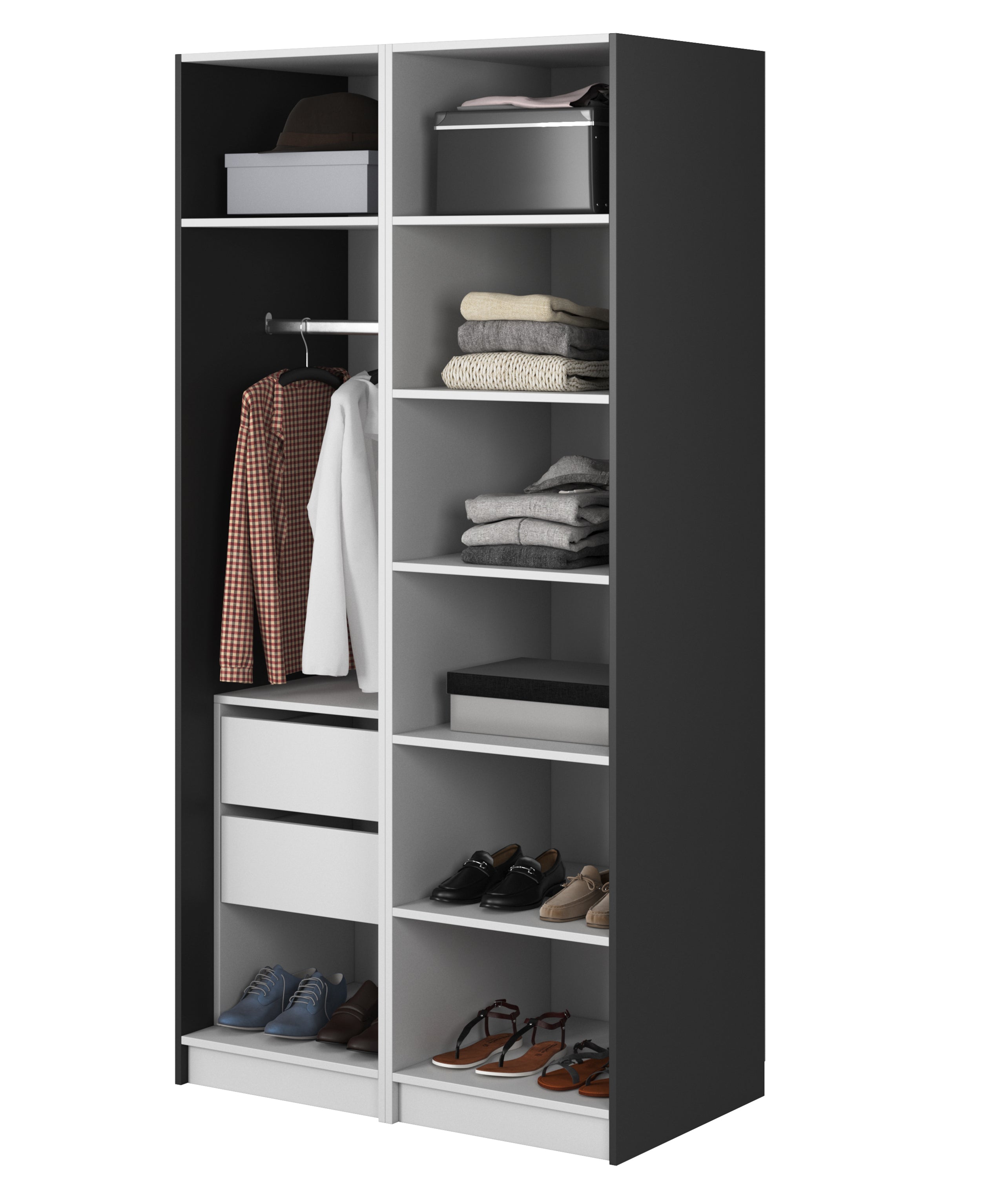 Zweiflügeliger Kleiderschrank Moonir mit Kleiderstange, Regalen und Container, 100 cm, Schwarz