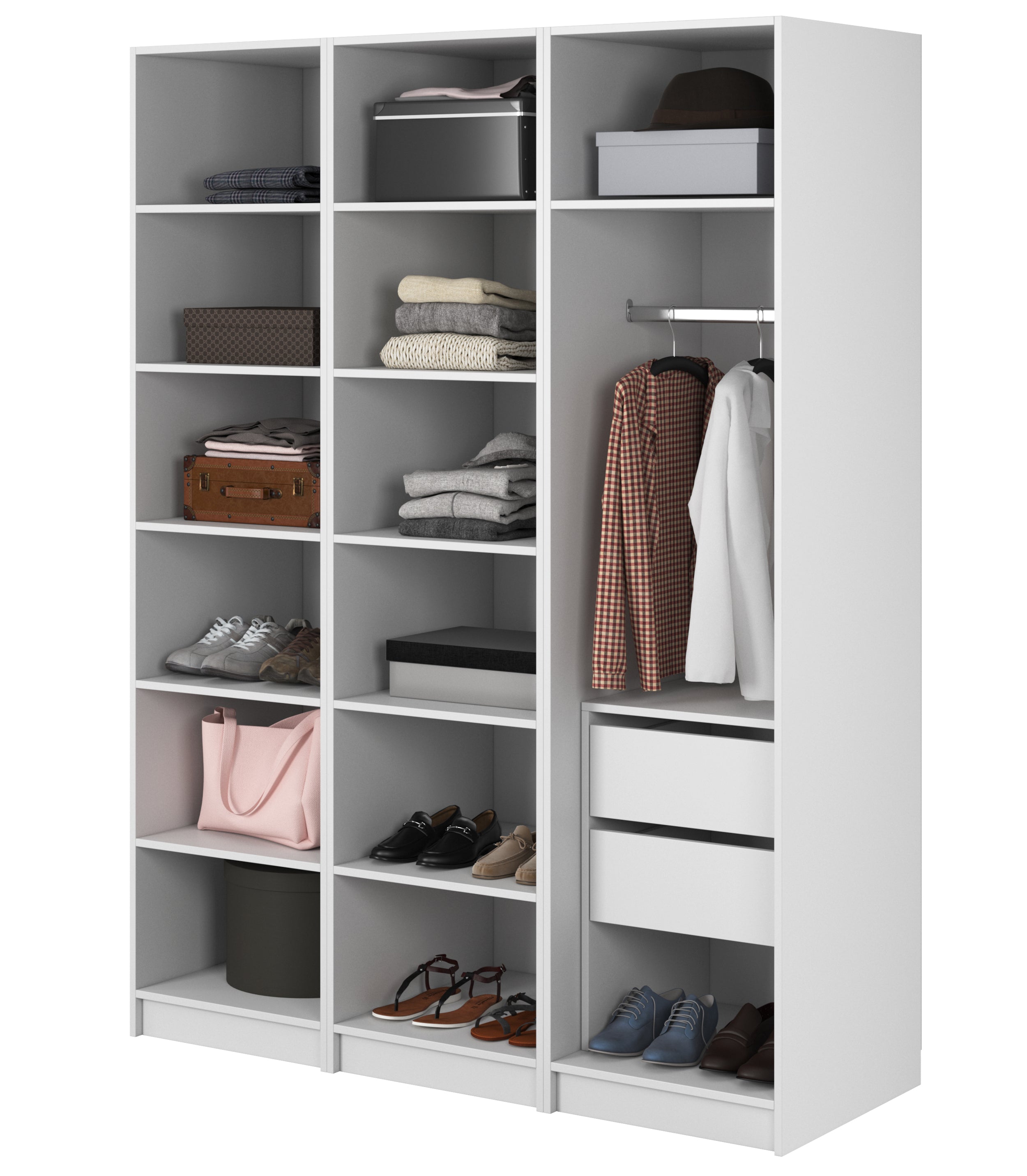 Kaspe Garderobe mit Stange, Schubladen und doppelten Regalen, 150 cm, Weiß
