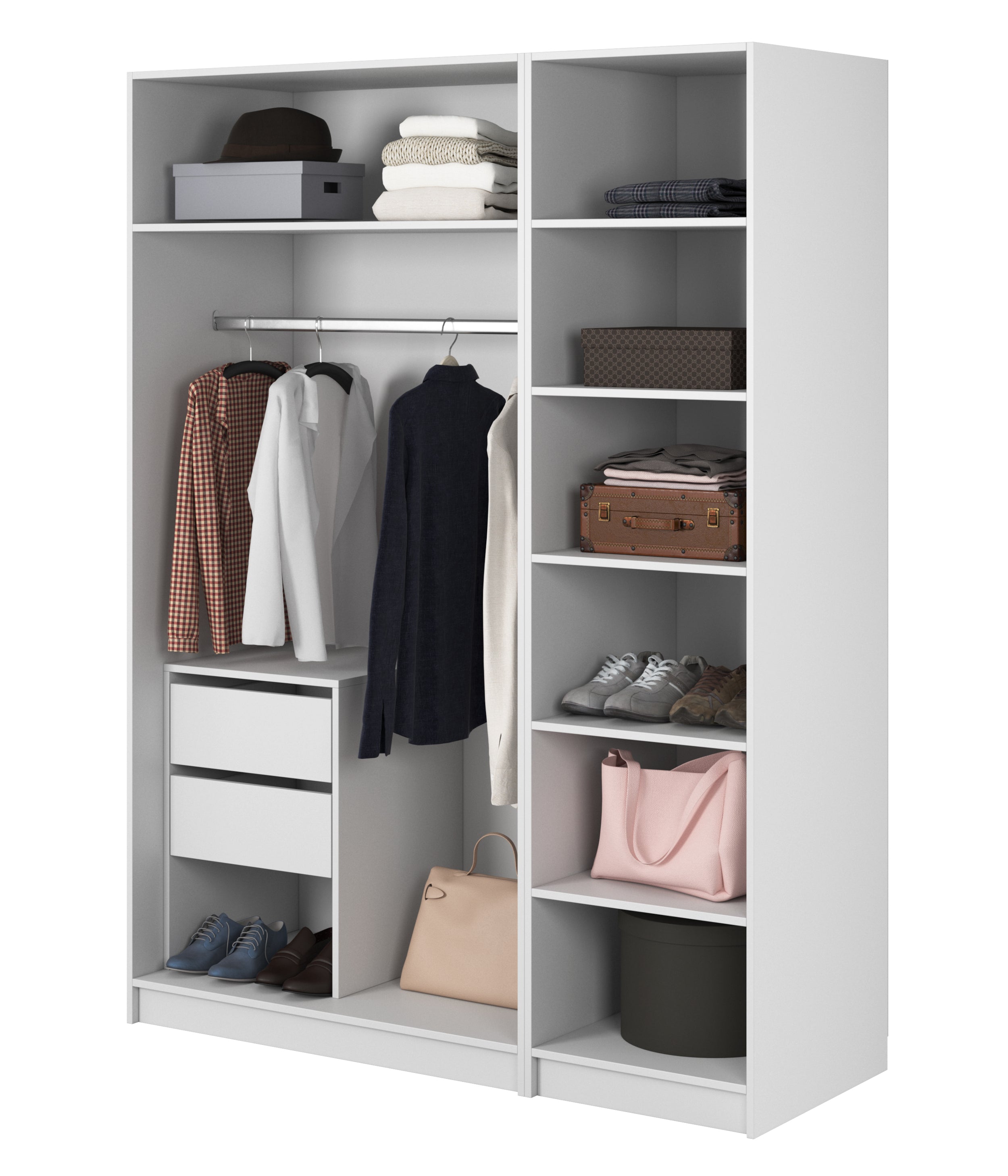 Kaspe Garderobe mit Stange, Schubladen und Regalen, 150 cm, Weiß