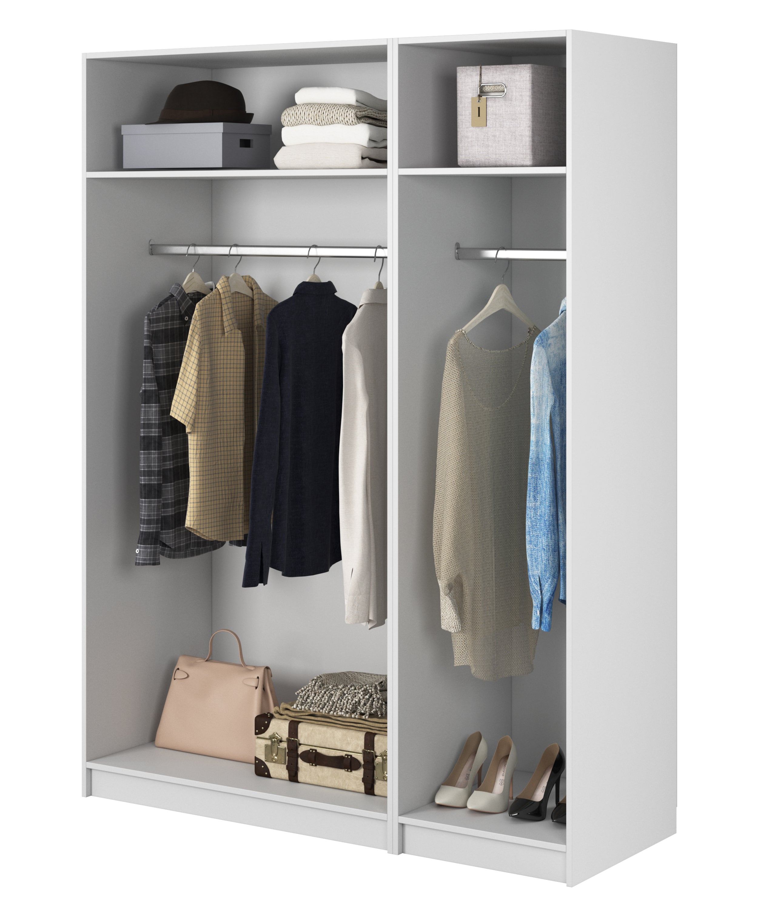Drehtürenschrank Frame mit drei Türen, zwei Kleiderstangen, 150 cm, Weiß