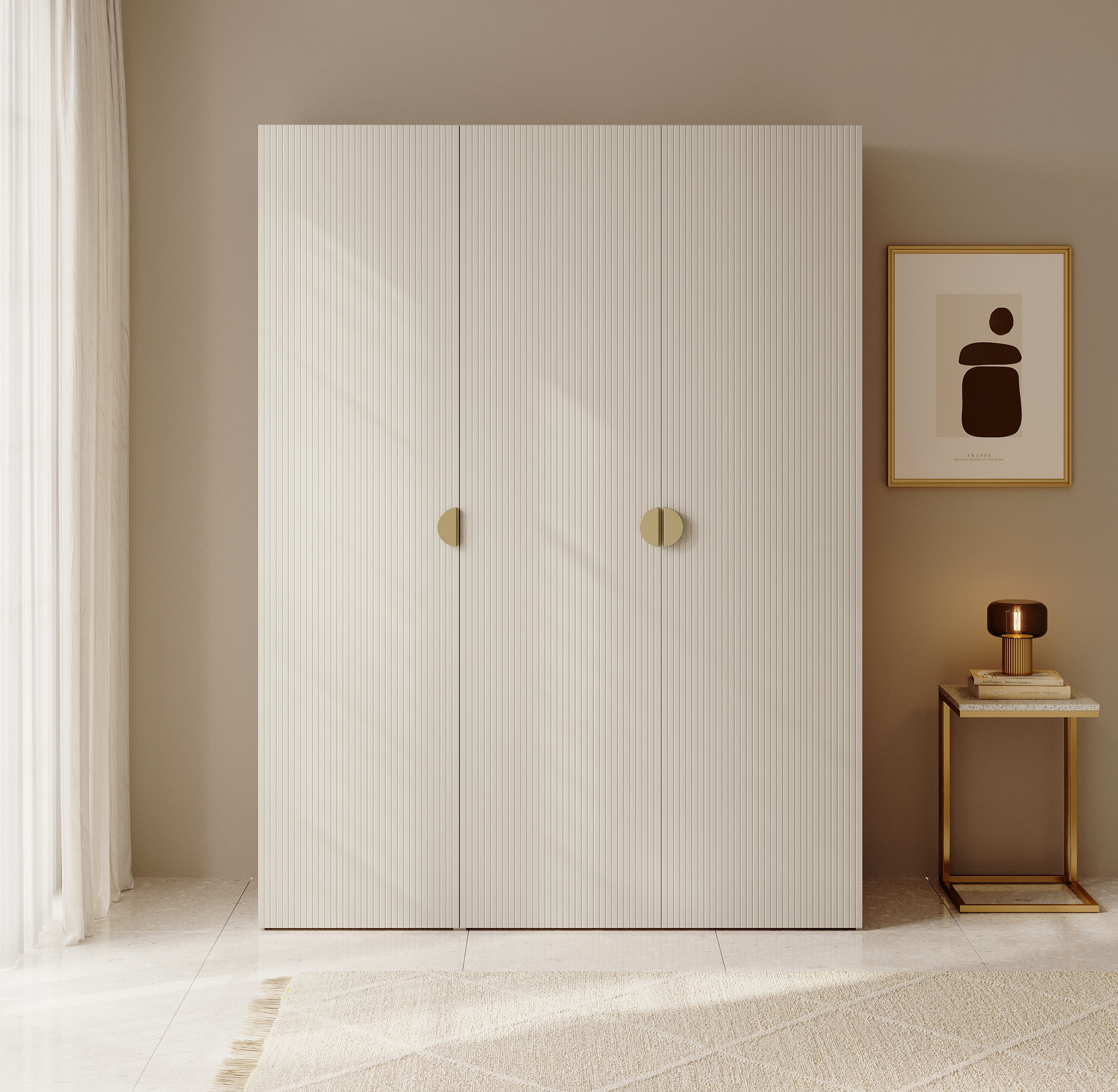 Drehtürenschrank Moonir mit langem Kleiderstange, sieben Regalen und Schubladencontainer, 150 cm, Grau-Beige
