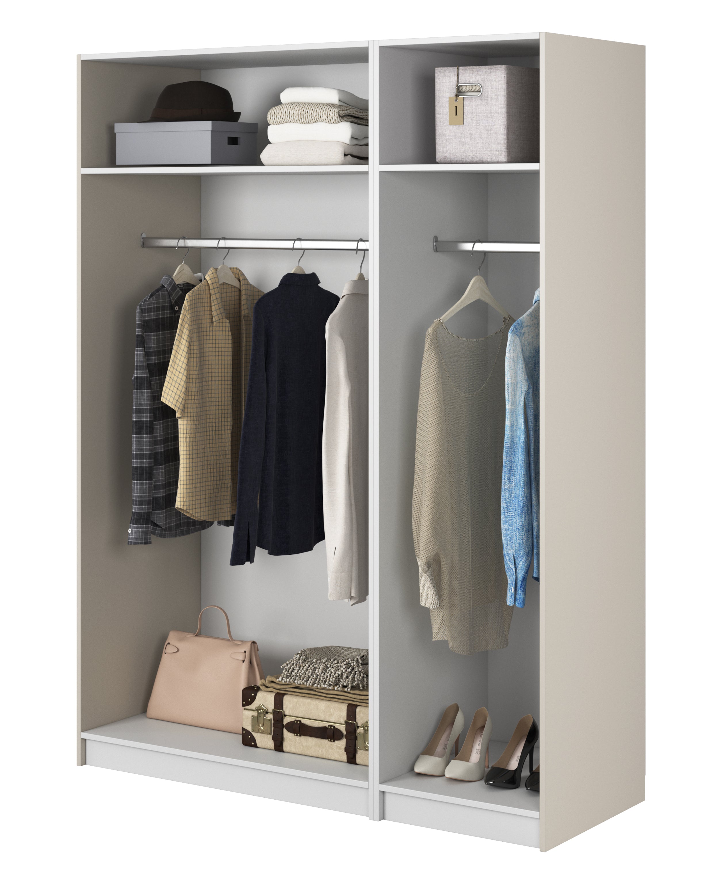 Drehtürenschrank Frame mit drei Türen und zwei Kleiderstangen, 150 cm, Grau-Beige