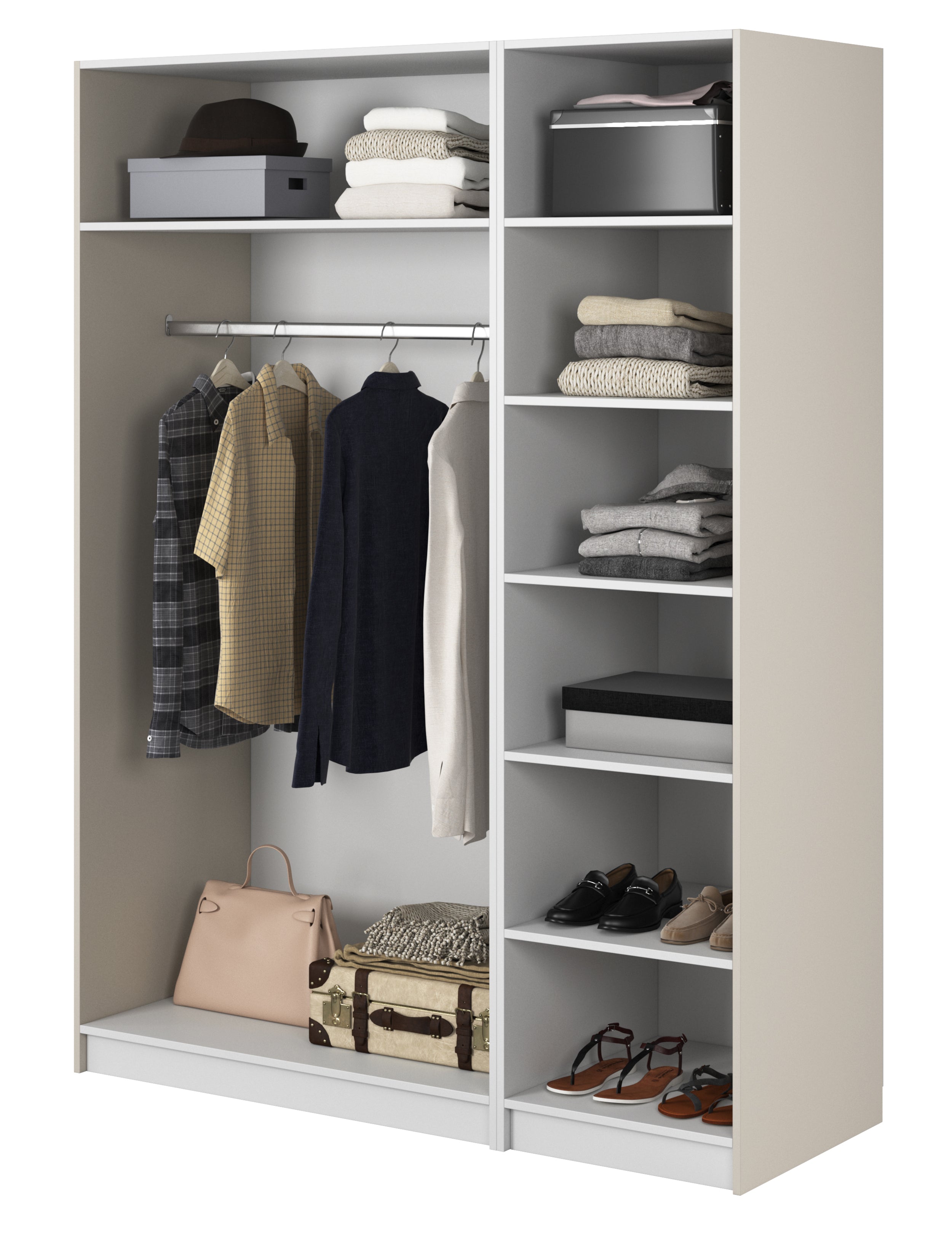 Drehtürenschrank Frame mit langer Kleiderstange und sieben Regalen, 150 cm, Grau-Beige