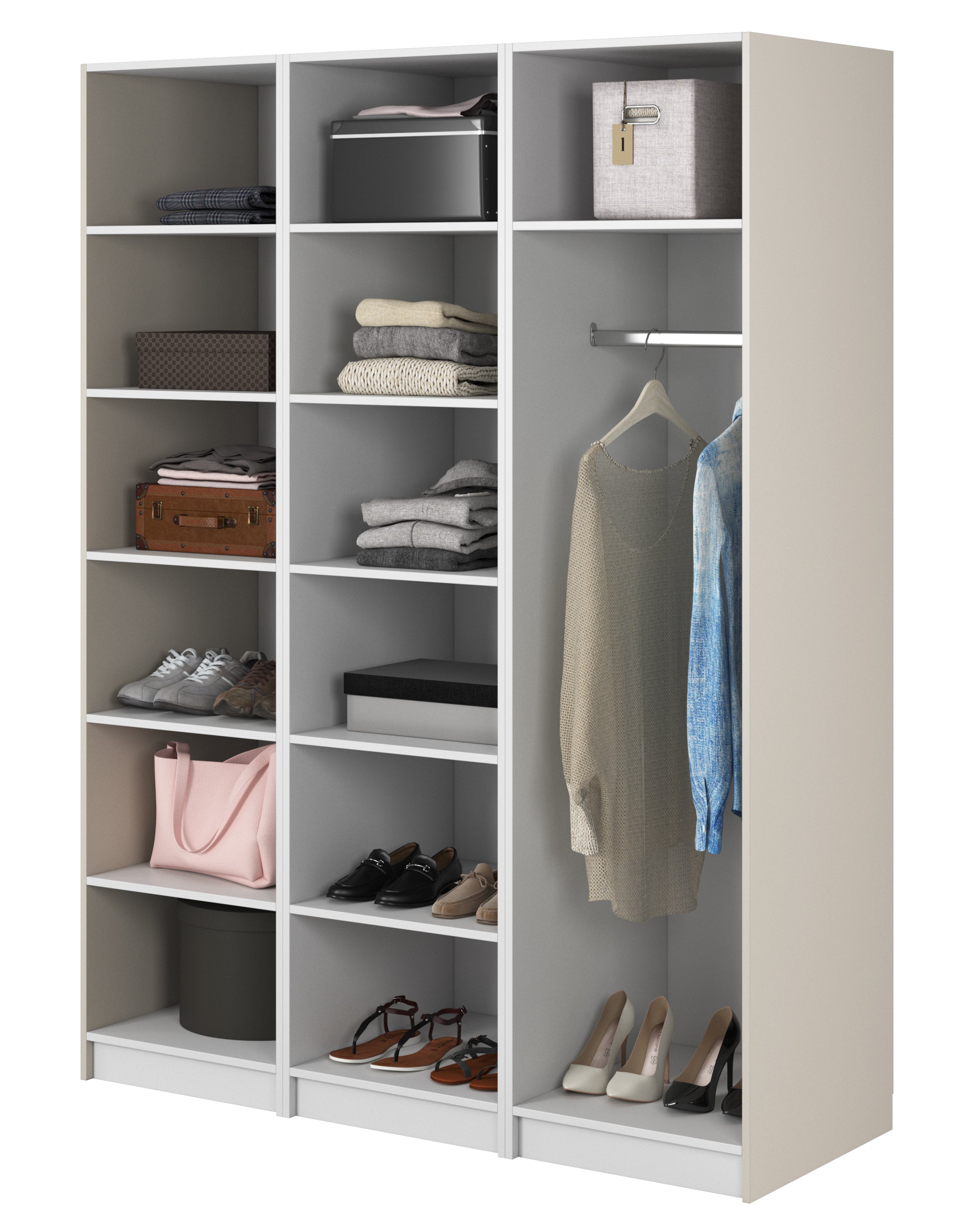 Drehtürenschrank Frame mit Kleiderstange und Regalen 150 cm Grau Beige
