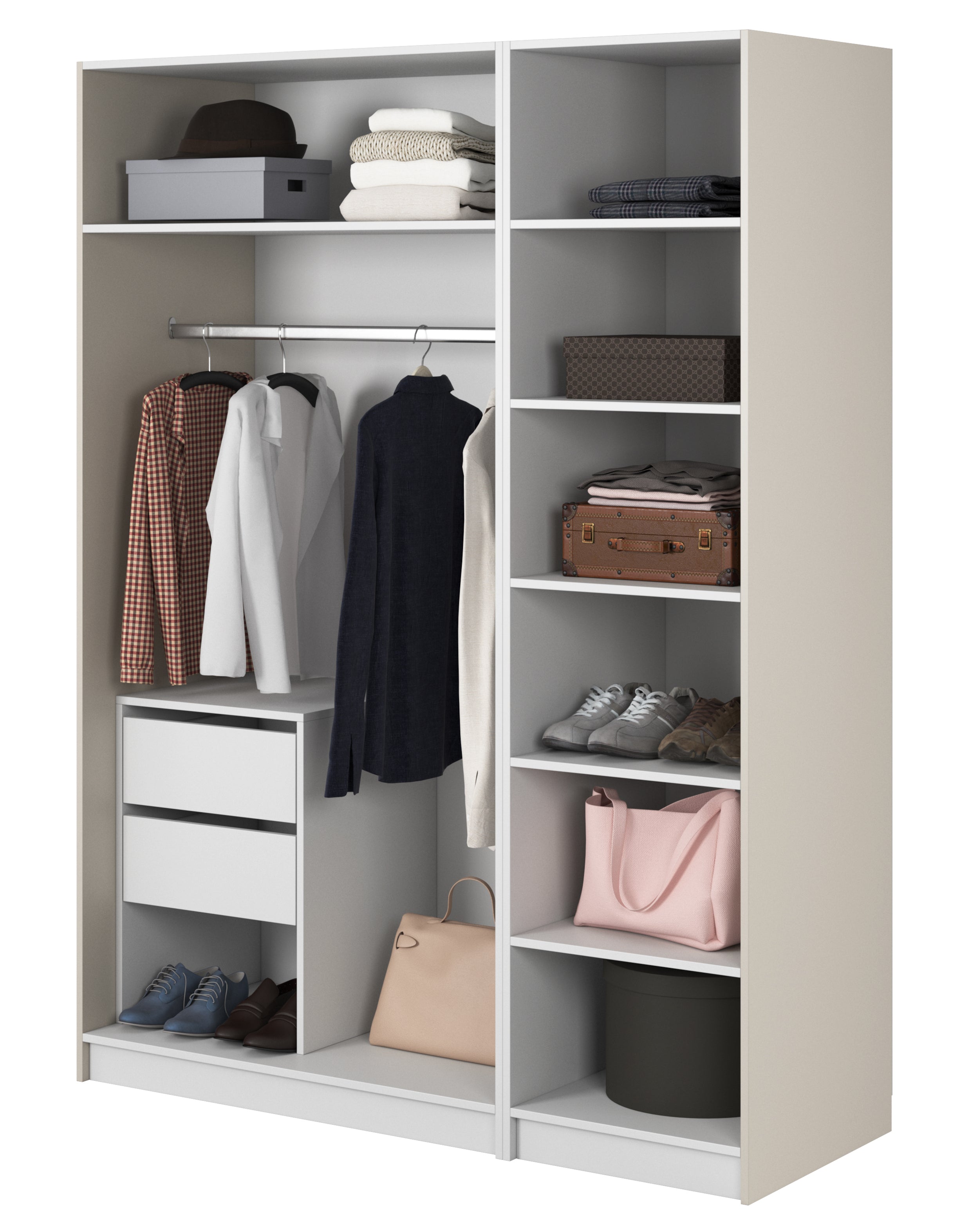 Drehtürenschrank Moonir mit langem Kleiderstange, sieben Regalen und Schubladencontainer, 150 cm, Grau-Beige