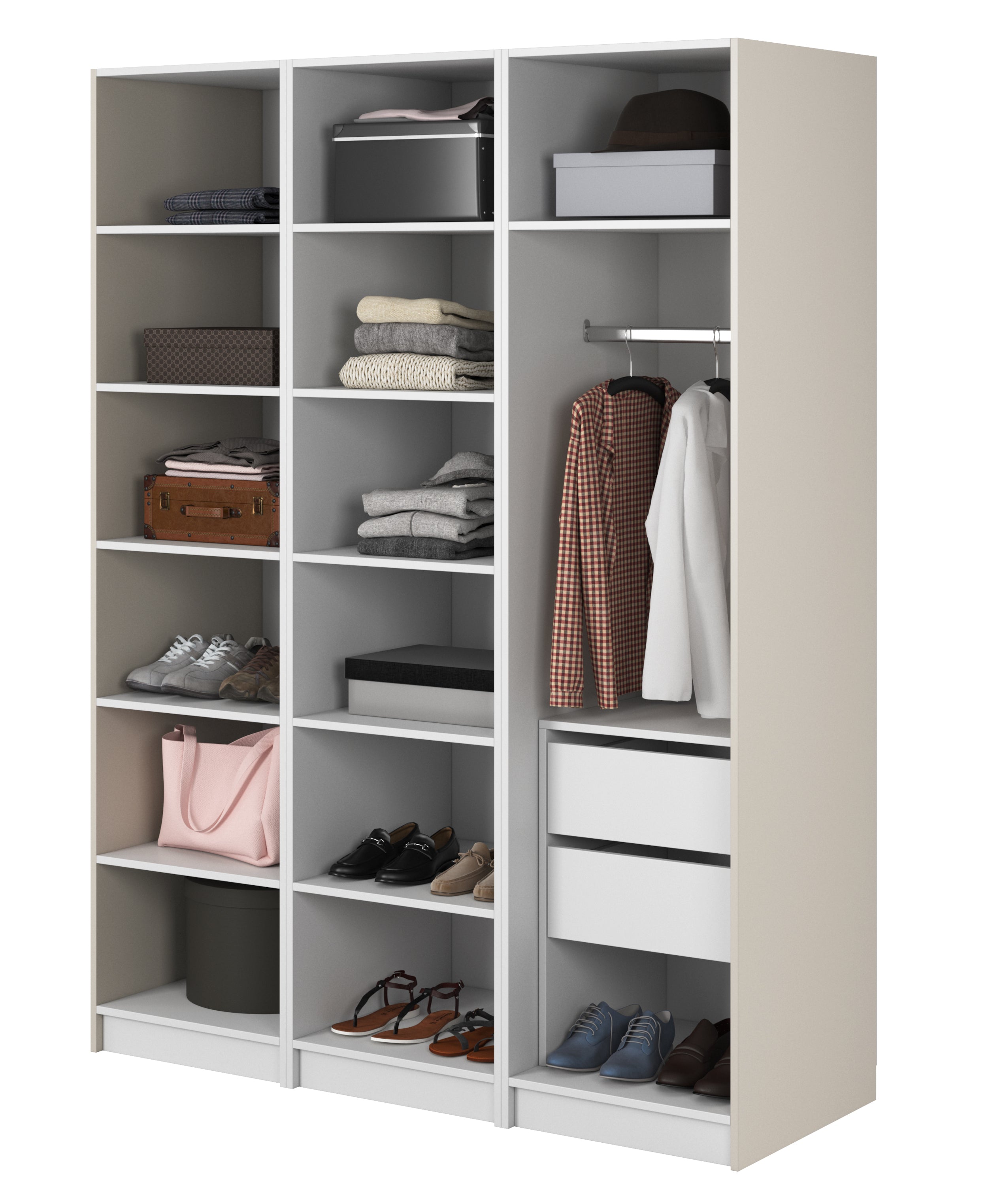 Drehtürenschrank Frame mit Kleiderstange, Regalen und Container 150 cm Grau-Beige