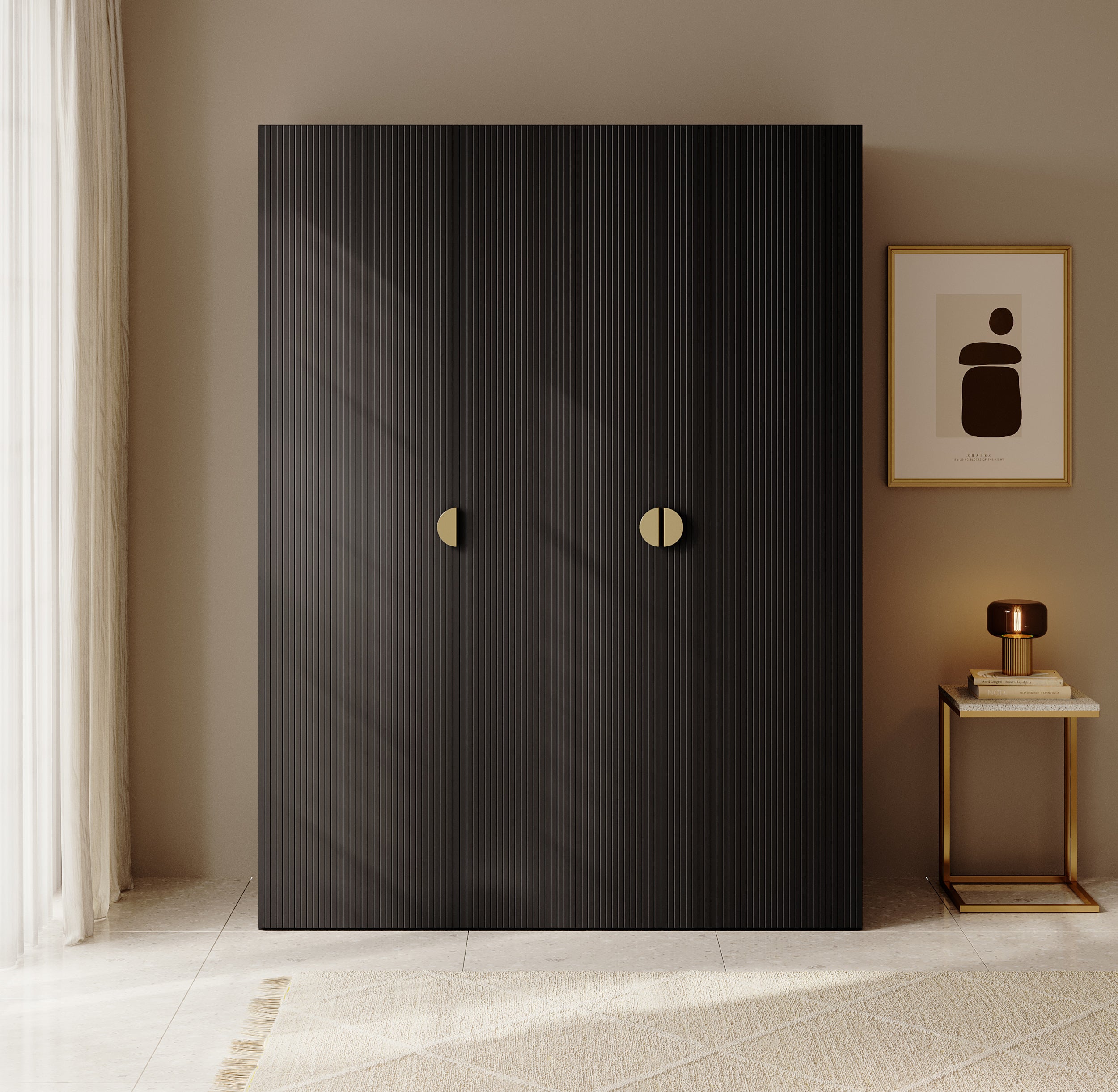 Drehtürenschrank Moonir mit langer Kleiderstange, sieben Regalböden und Container 150 cm Schwarz
