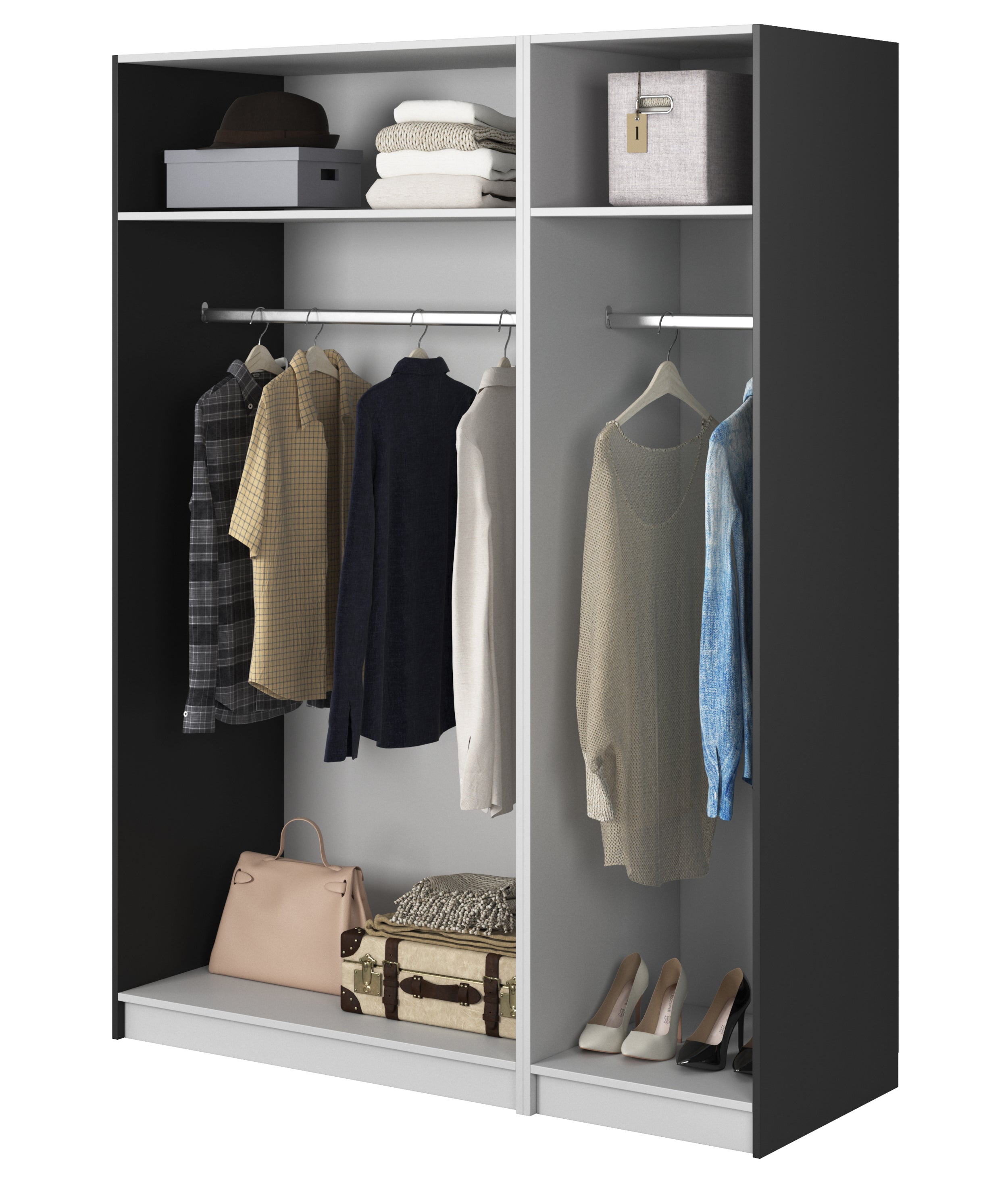 Drehtürenschrank Moonir mit drei Türen und zwei Kleiderstangen, 150 cm, Schwarz
