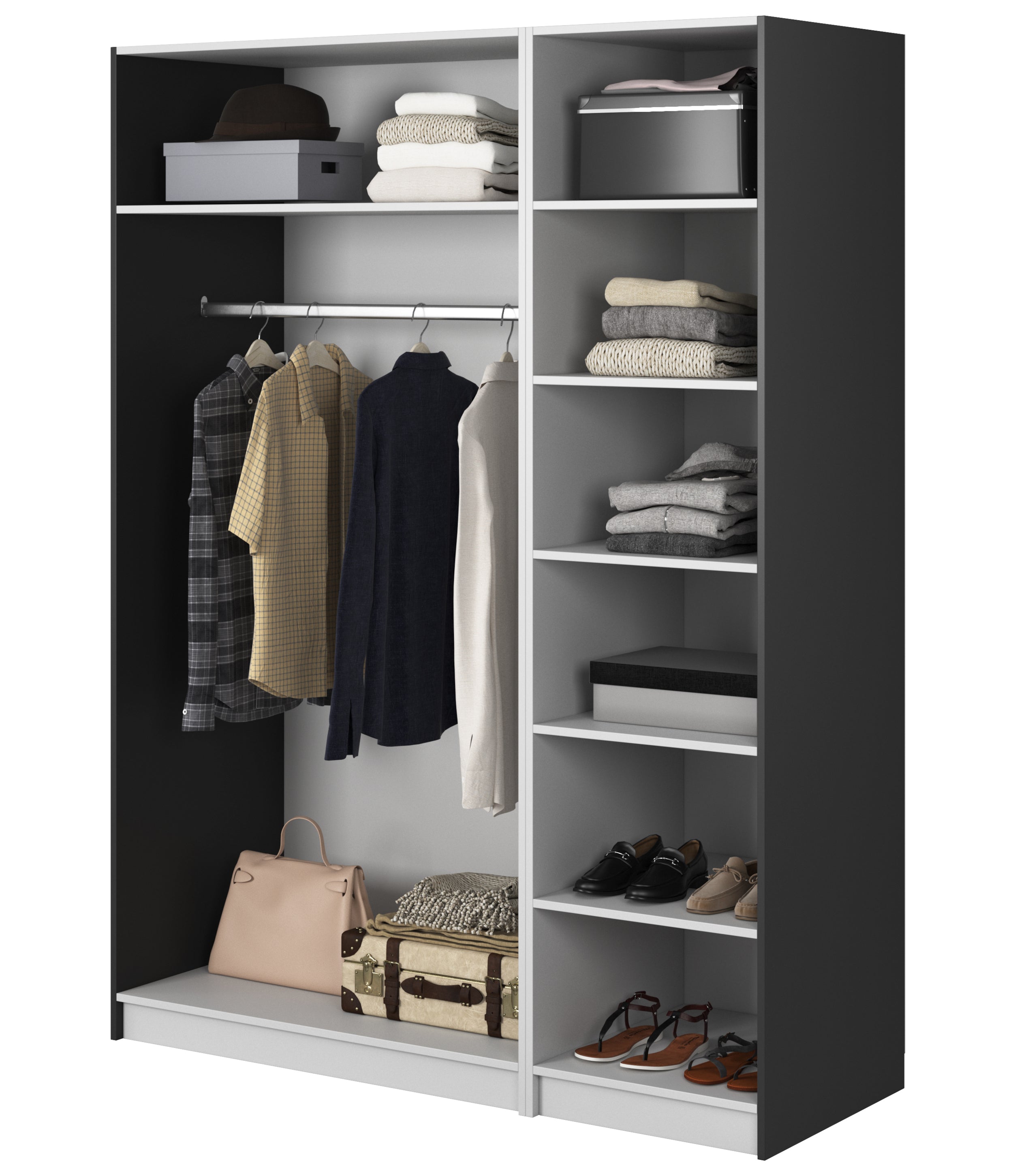 Drehtürenschrank Moonir mit langer Kleiderstange und sieben Regalböden, 150 cm, Schwarz