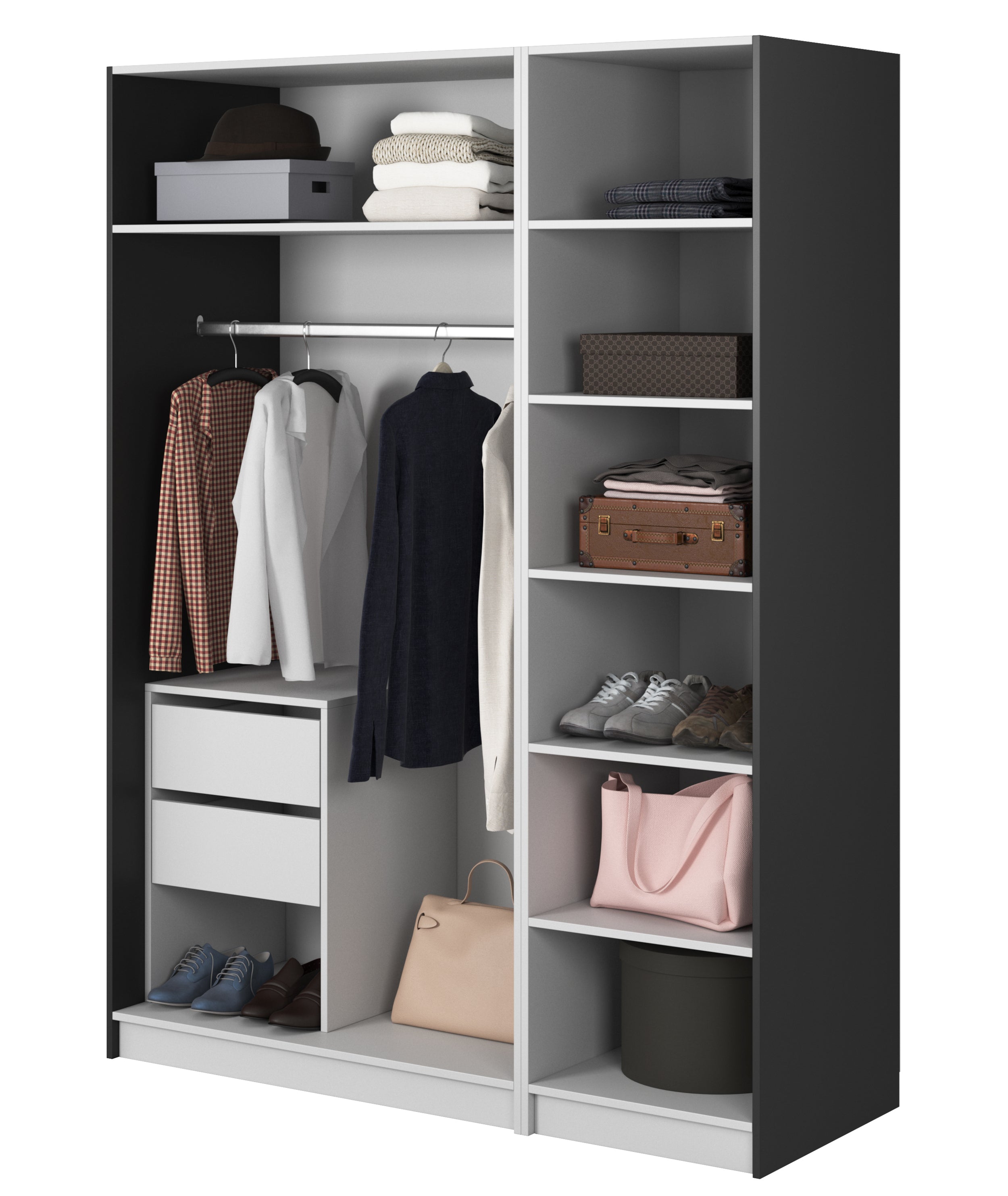 Drehtürenschrank Moonir mit langer Kleiderstange, sieben Regalböden und Container 150 cm Schwarz