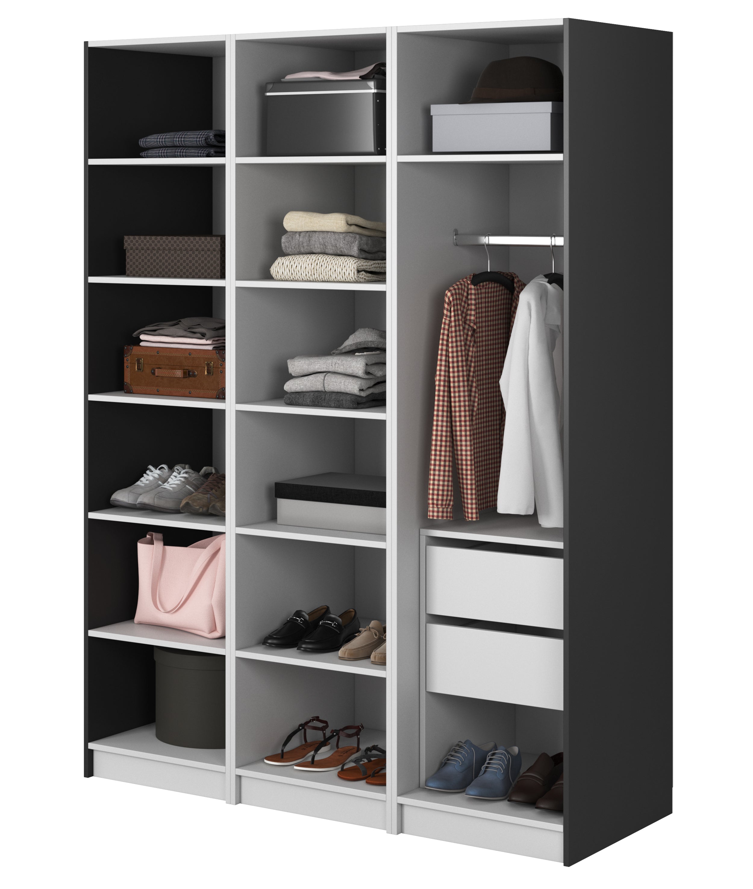 Drehtürenschrank Frame mit Kleiderstange, Regalen und Container 150 cm Schwarz