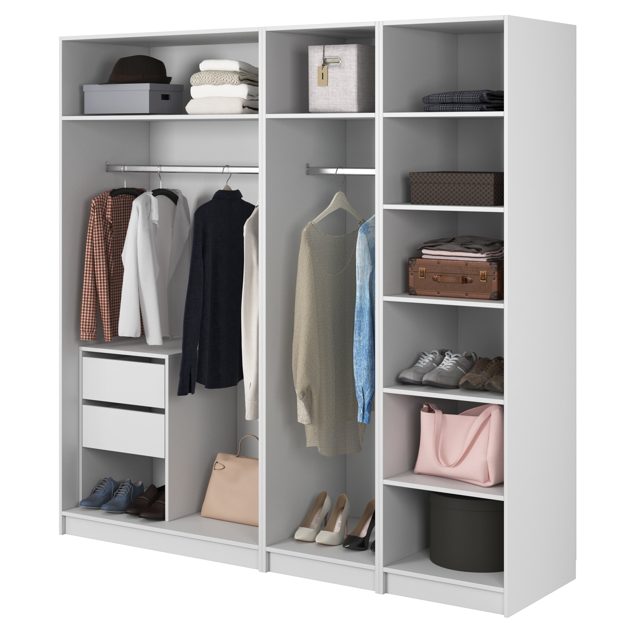 Kaspe Garderobe mit zwei Kleiderstangen, Schubladen und Regalen, 200 cm, Weiß