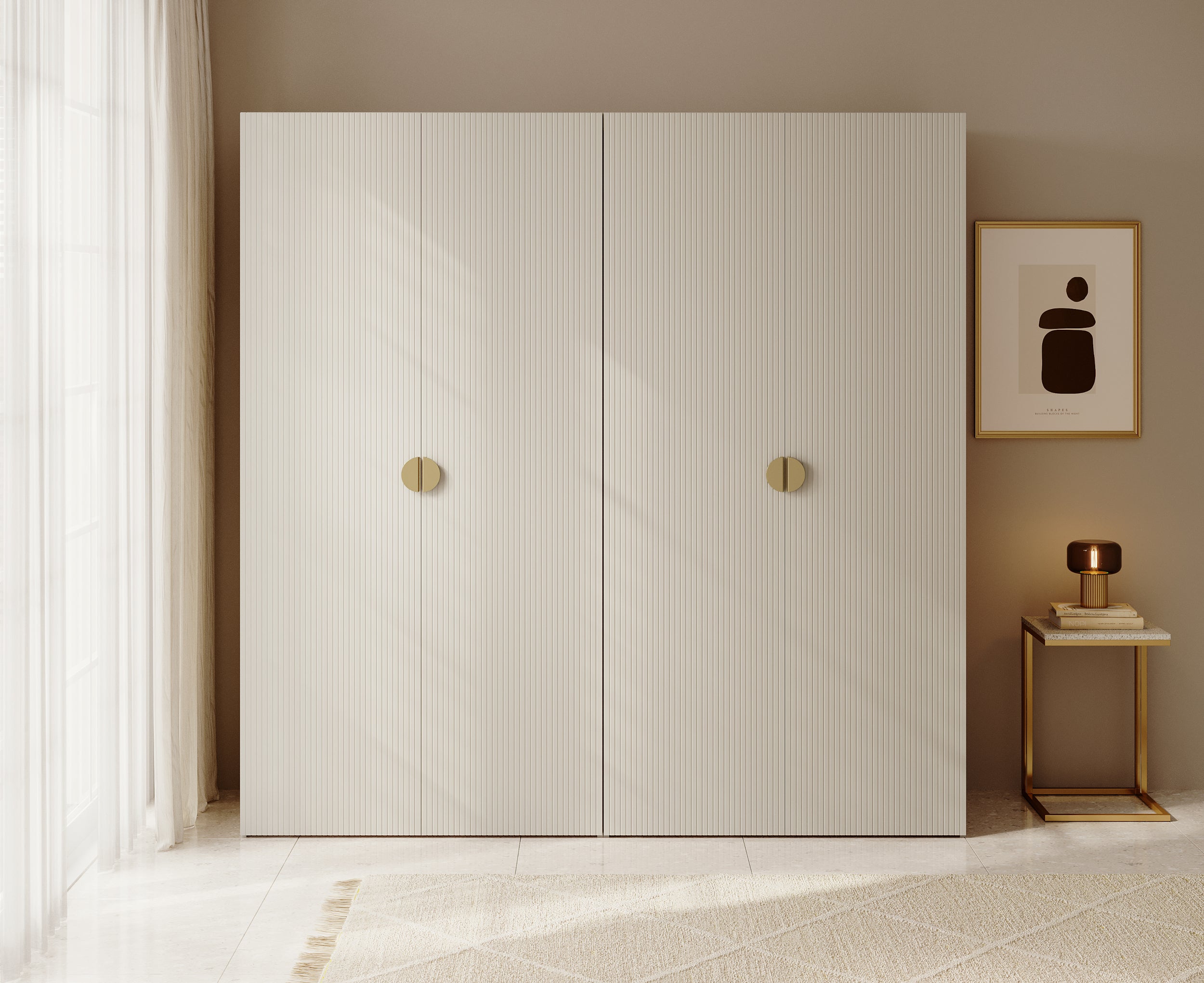 Vier­türiger Kleiderschrank Moonir mit zwei Kleiderstangen, Regalen, 200 cm, Grau-Beige