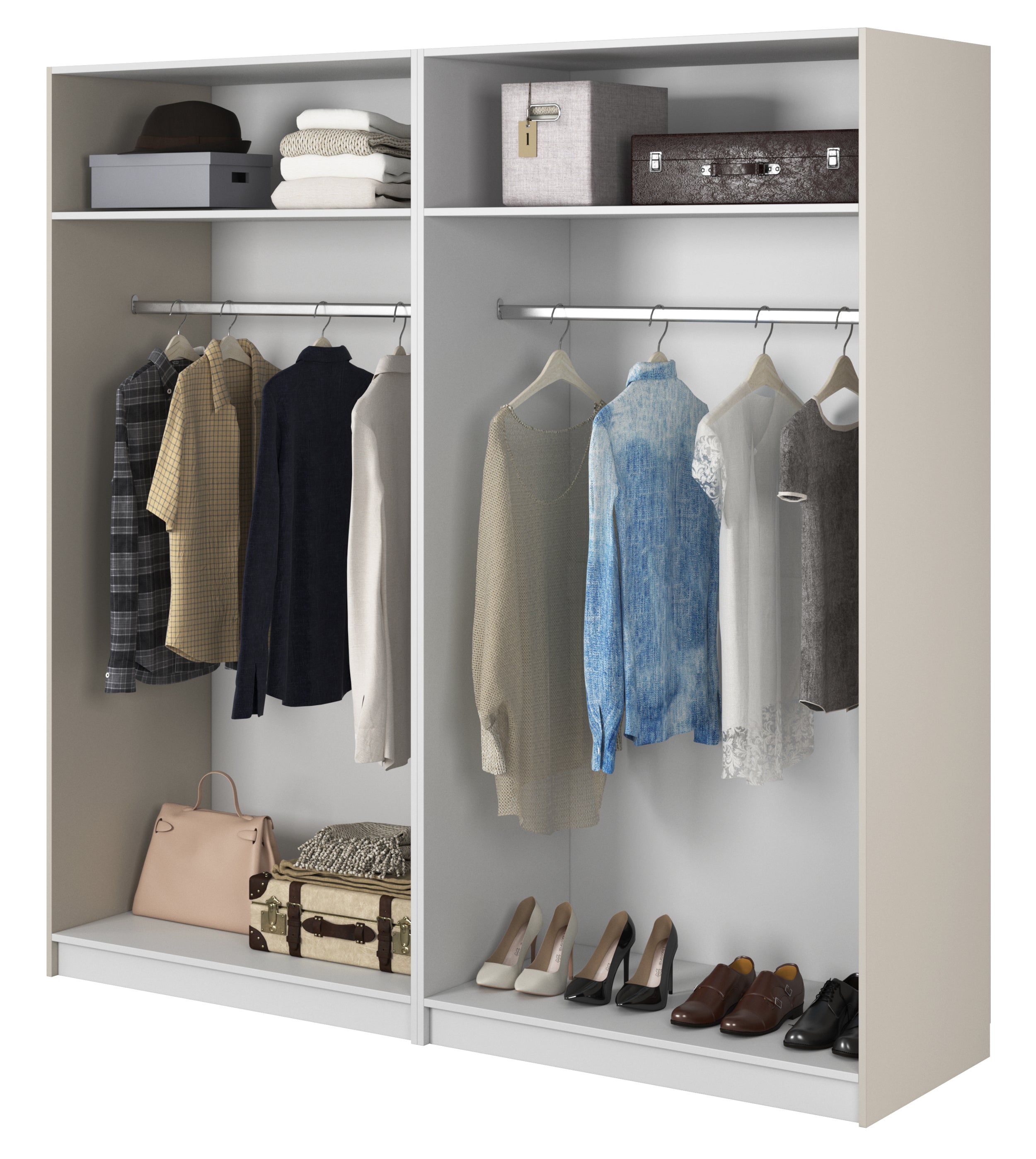 Vier­tü­riger Frame-Kleiderschrank mit zwei Kleiderstangen, 200 cm, Grau-Beige