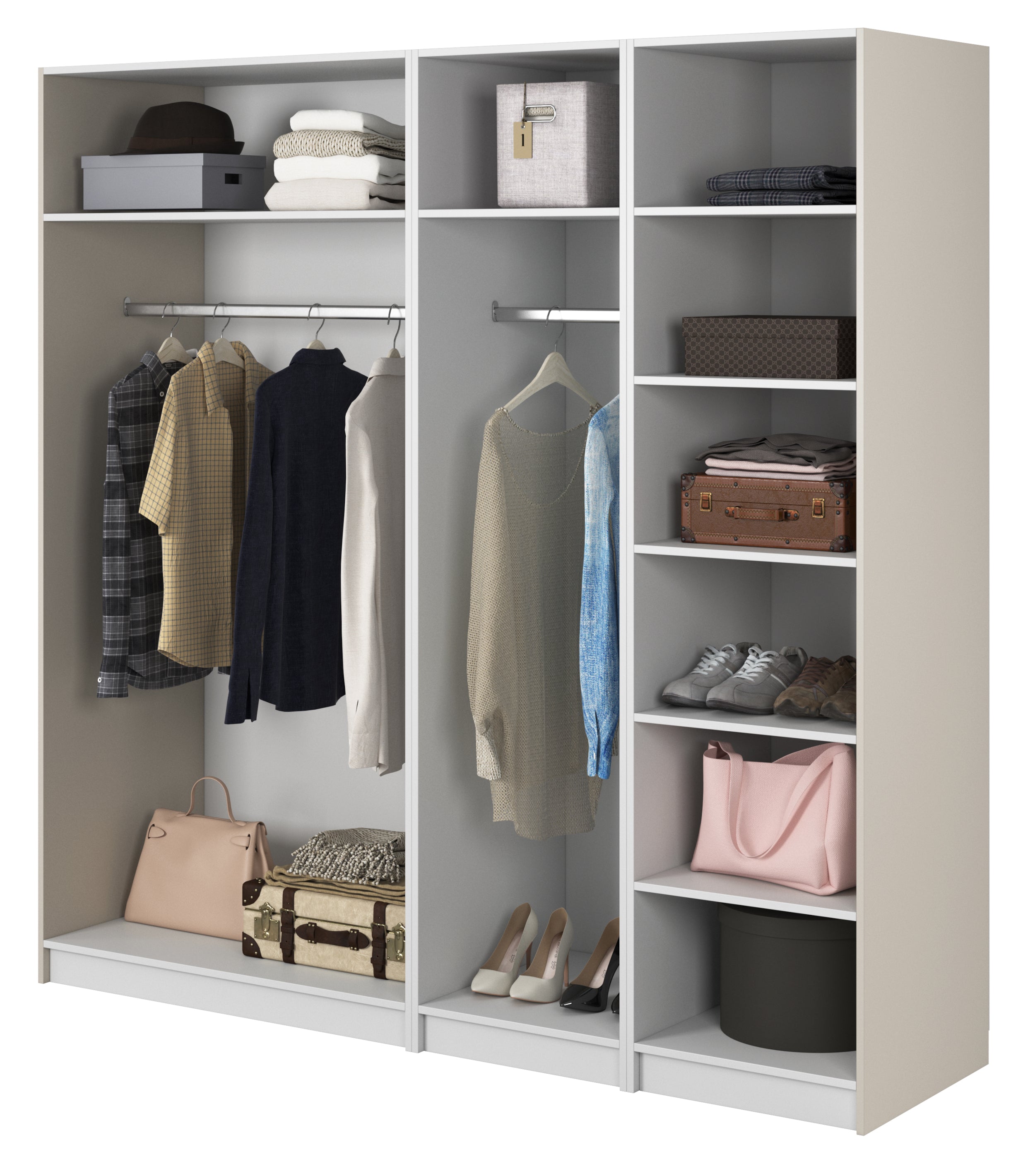 Vier­türiger Kleiderschrank Moonir mit zwei Kleiderstangen, Regalen, 200 cm, Grau-Beige
