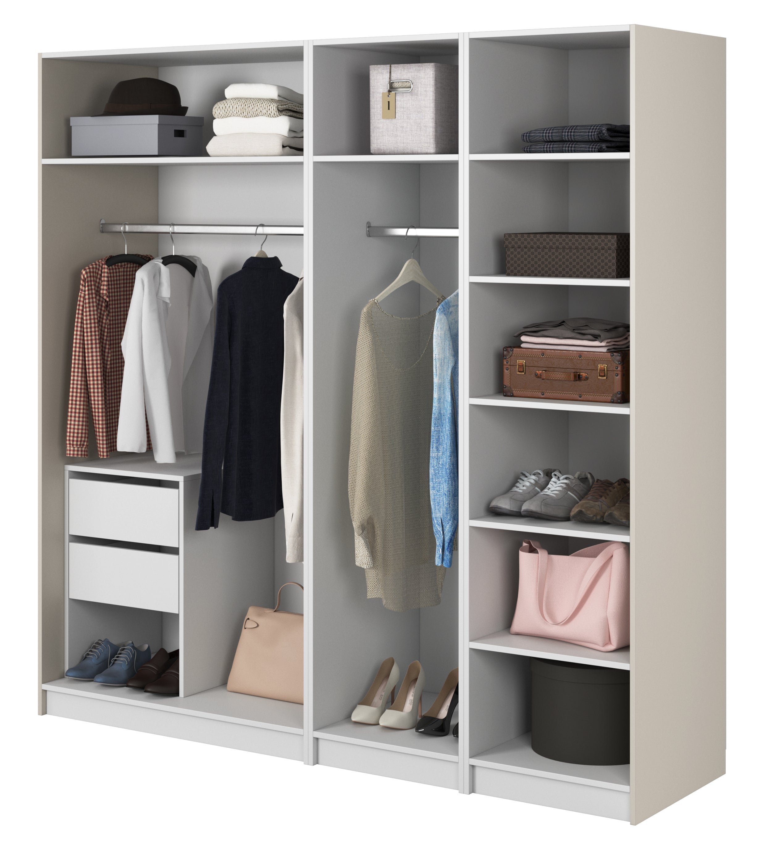 Vierflügeliger Kleiderschrank Moonir mit zwei Kleiderstangen, Regalen und Container, 200 cm, Grau-Beige