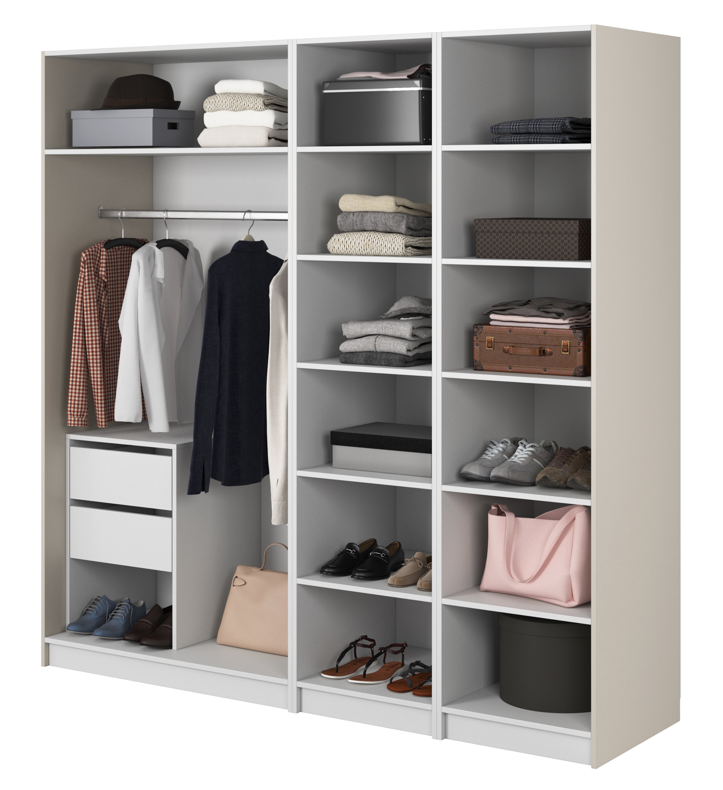 Vier­tü­riger Schrank Frame mit Kleiderstange, Regalen und Container, 200 cm, Grau-Beige