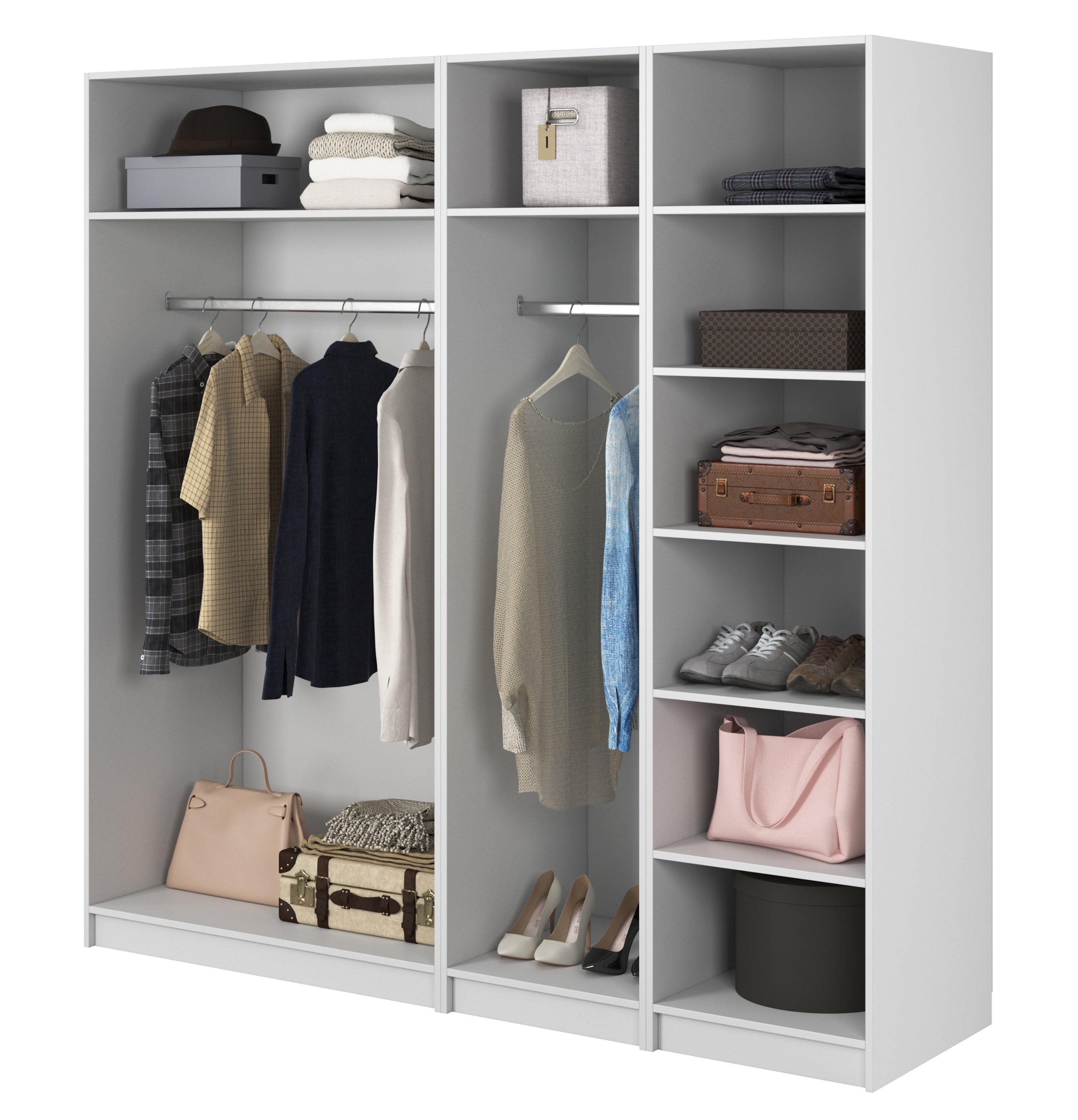 Kaspe Garderobe mit zwei Kleiderstangen und Regalen, 200 cm, Weiß