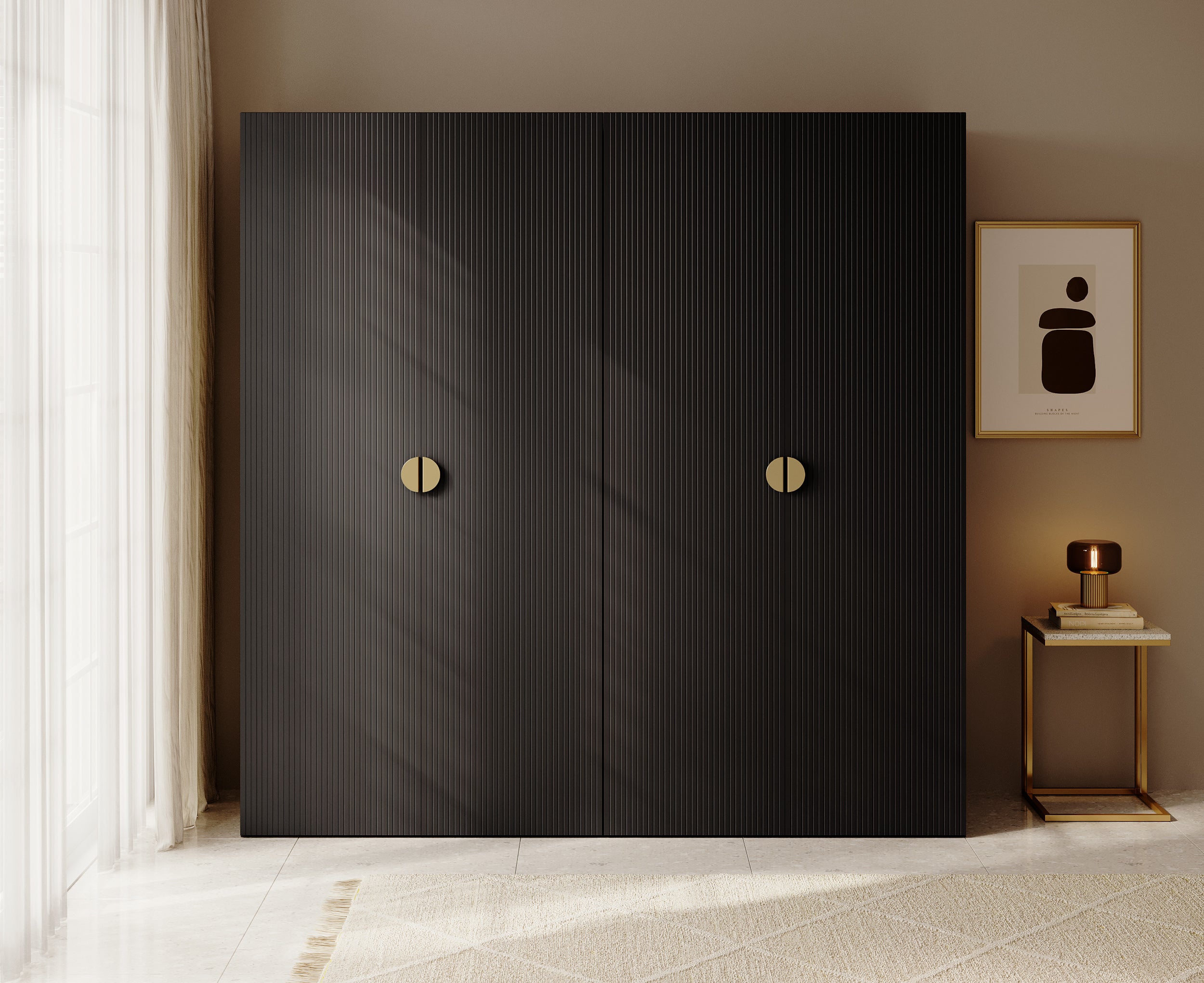 Vier­türiger Kleiderschrank Moonir mit zwei Kleiderstangen, Regalen, 200 cm, Schwarz