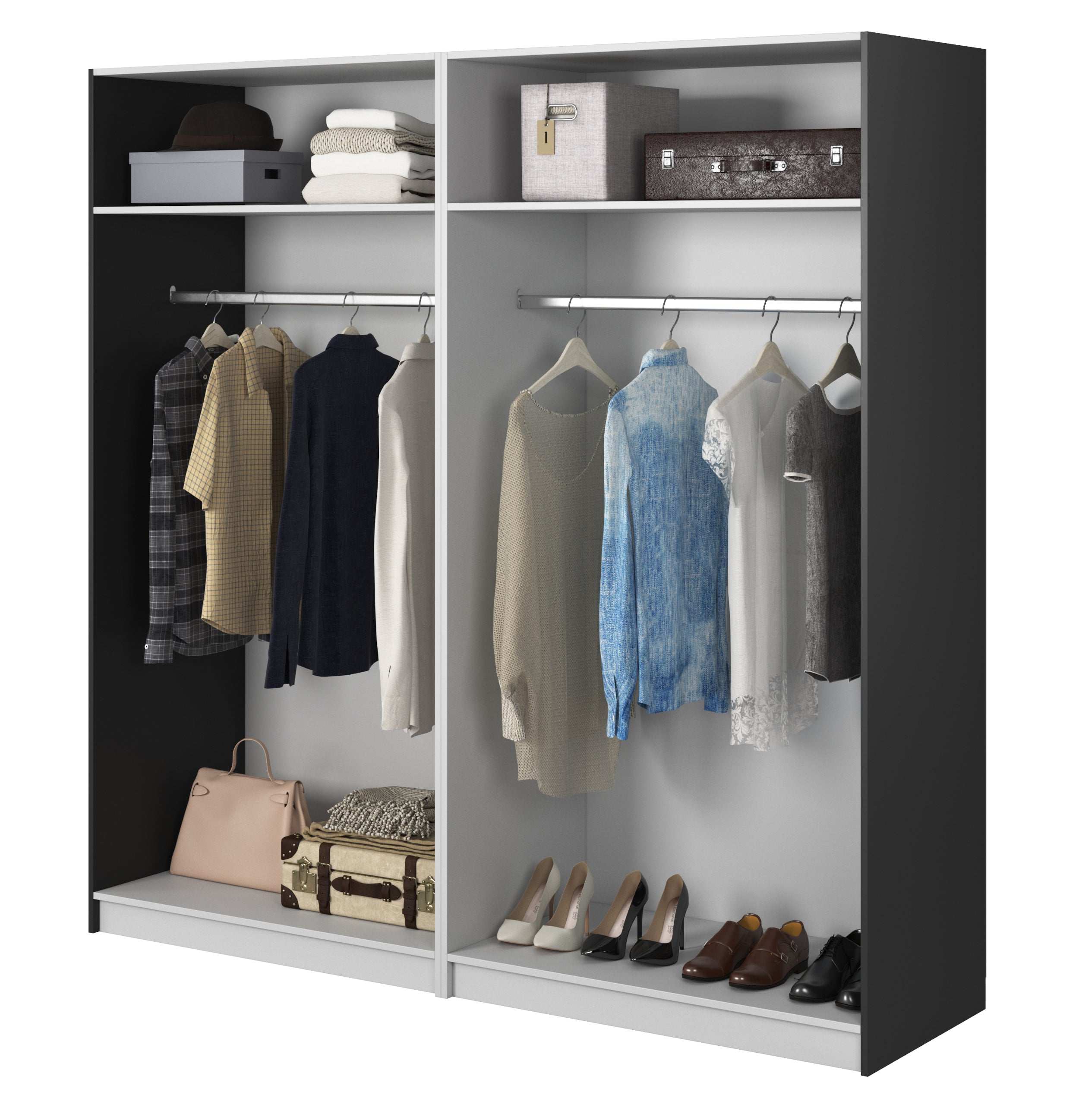 Vier­türiger Schrank Frame mit zwei Kleiderstangen, 200 cm, Schwarz