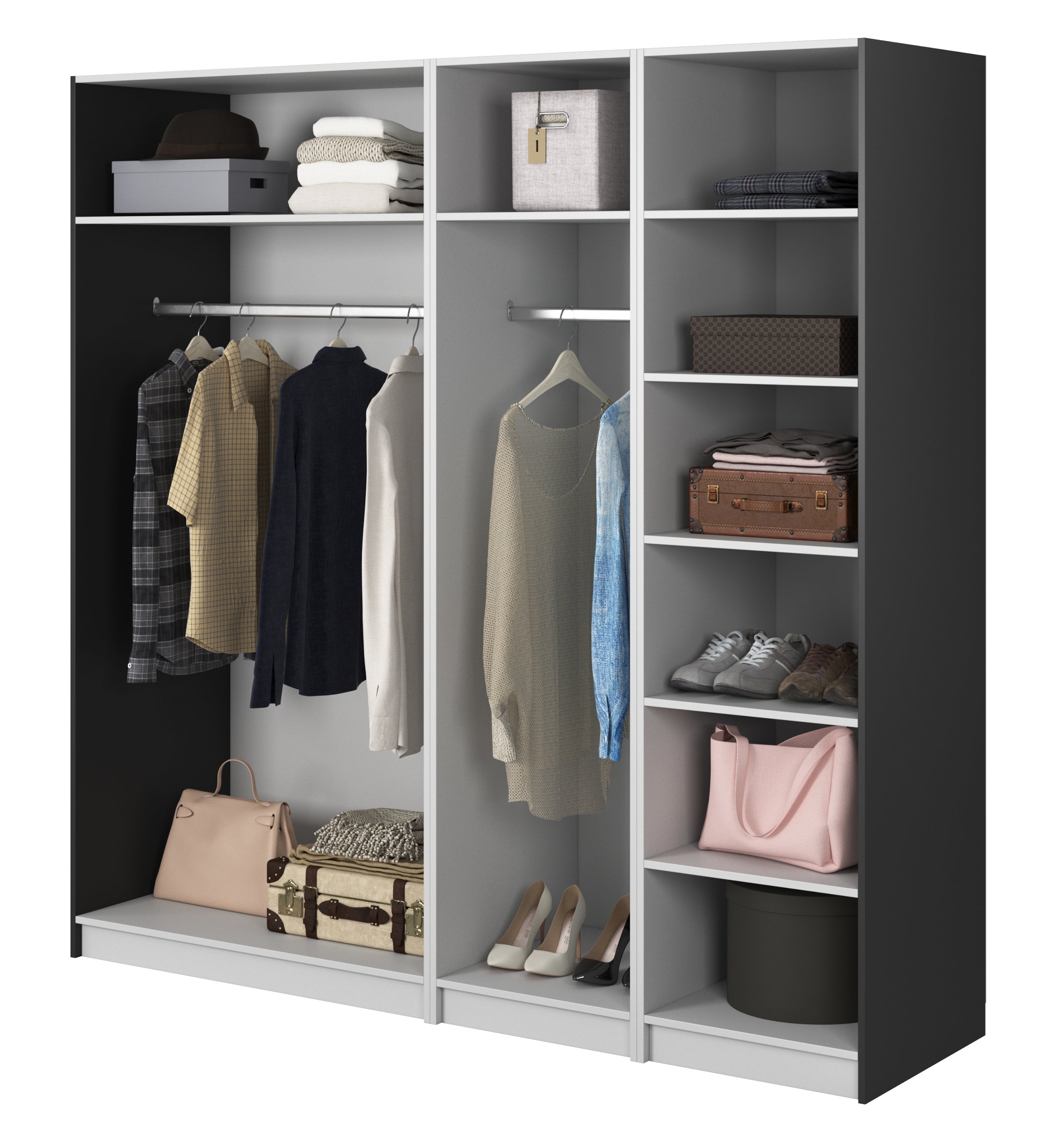 Vier­türiger Kleiderschrank Moonir mit zwei Kleiderstangen, Regalen, 200 cm, Schwarz
