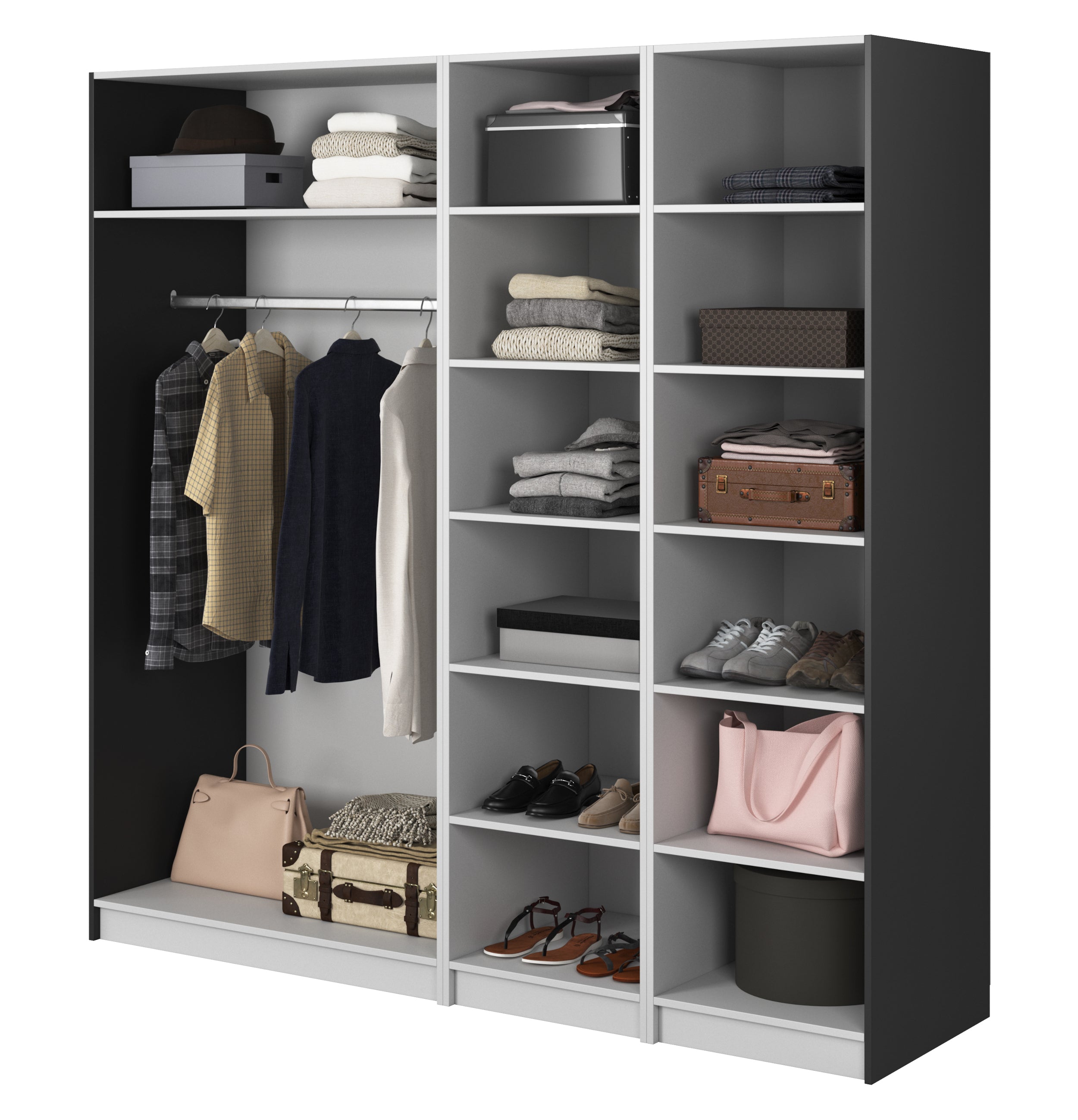 Vier­türiger Schrank Frame mit Kleiderstange und Regalen, 200 cm, Schwarz