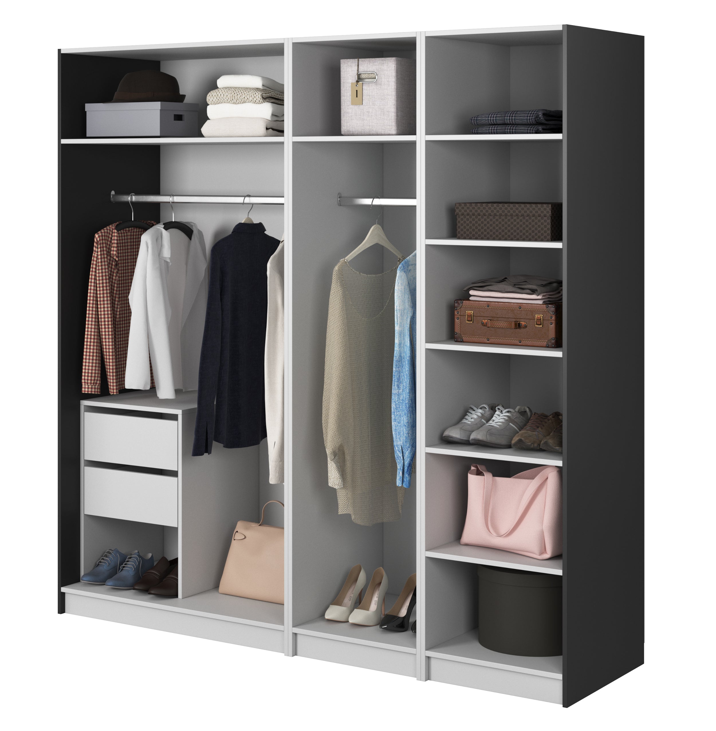 Vier­türiger Schrank Frame mit zwei Kleiderstangen, Regalen und Container, 200 cm, Schwarz