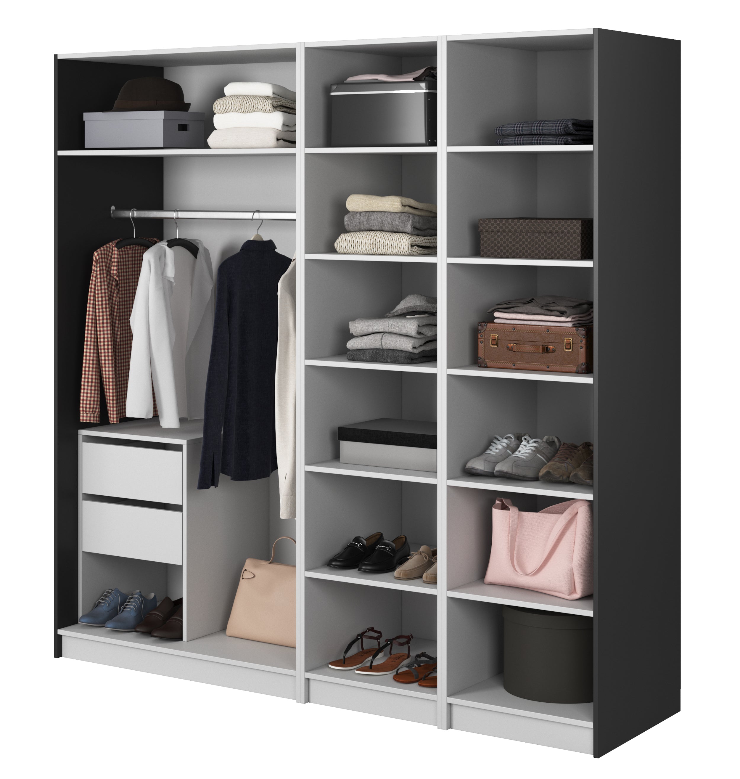 Vier­türiger Schrank Moonir mit Kleiderstange, Regalen und Schubkasten, 200 cm, Schwarz