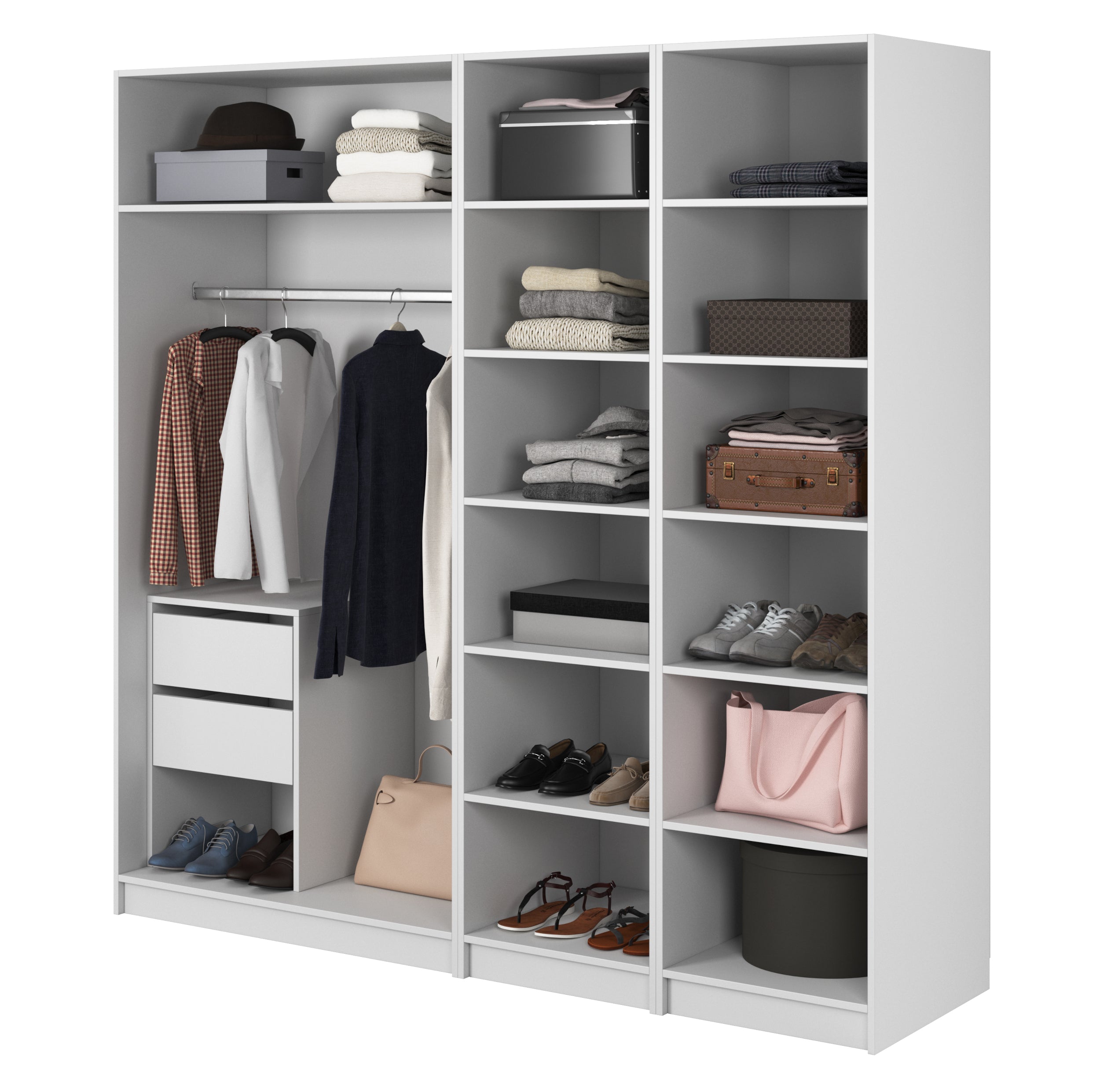 Kaspe Garderobe mit Kleiderstange, Container und doppelten Regalen 200 cm Weiß