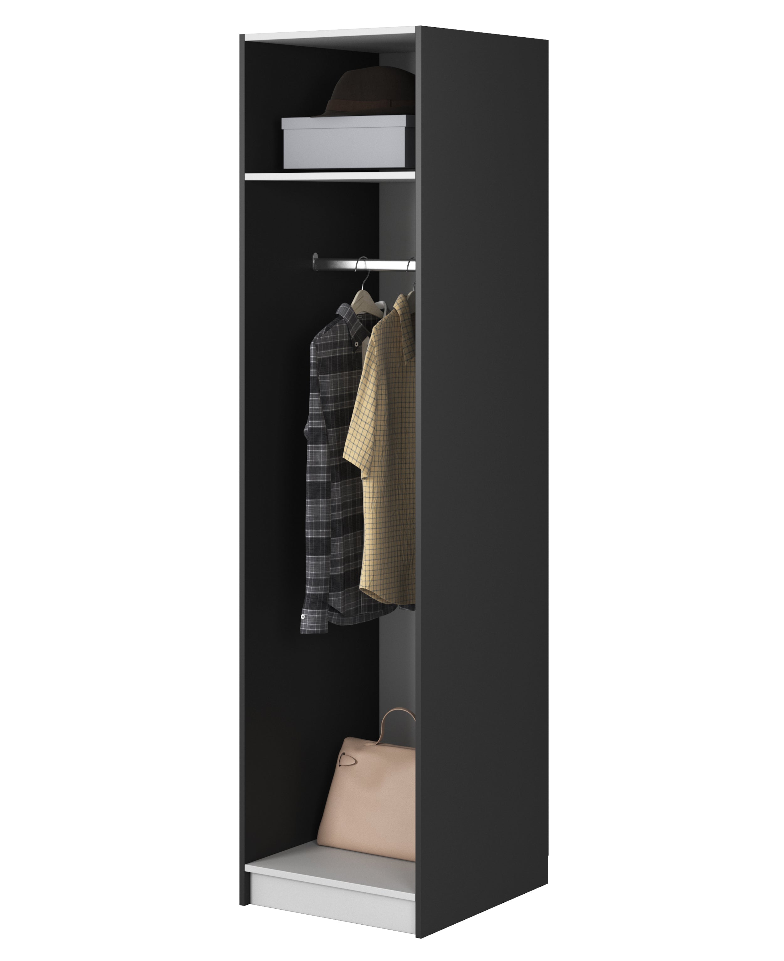 Einzeltüriger Frame-Schrank mit 50 cm Kleiderstange, Schwarz
