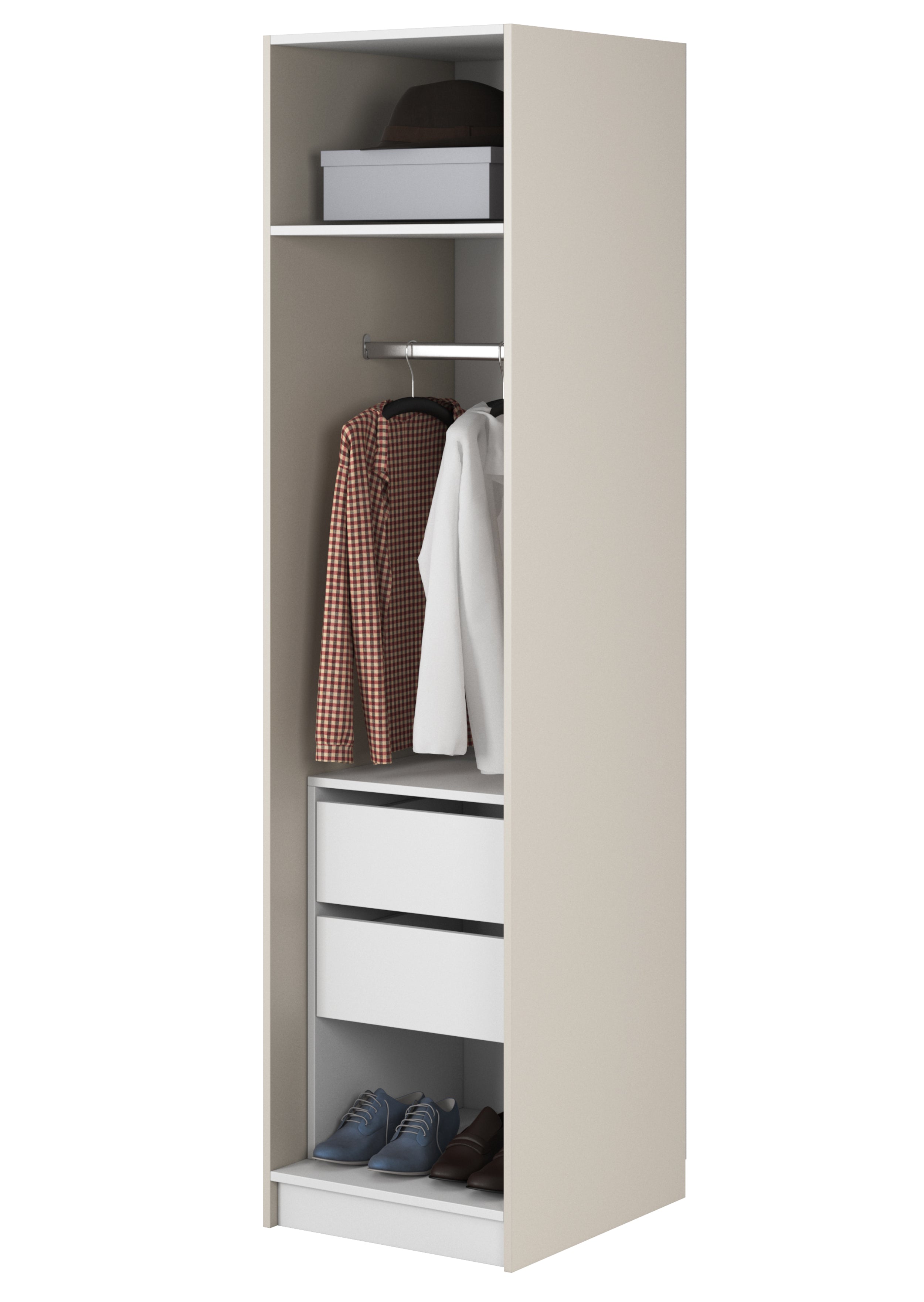 Einzeltüriger Frame-Schrank mit Kleiderstange, Regalen und 50 cm Container in Grau-Beige