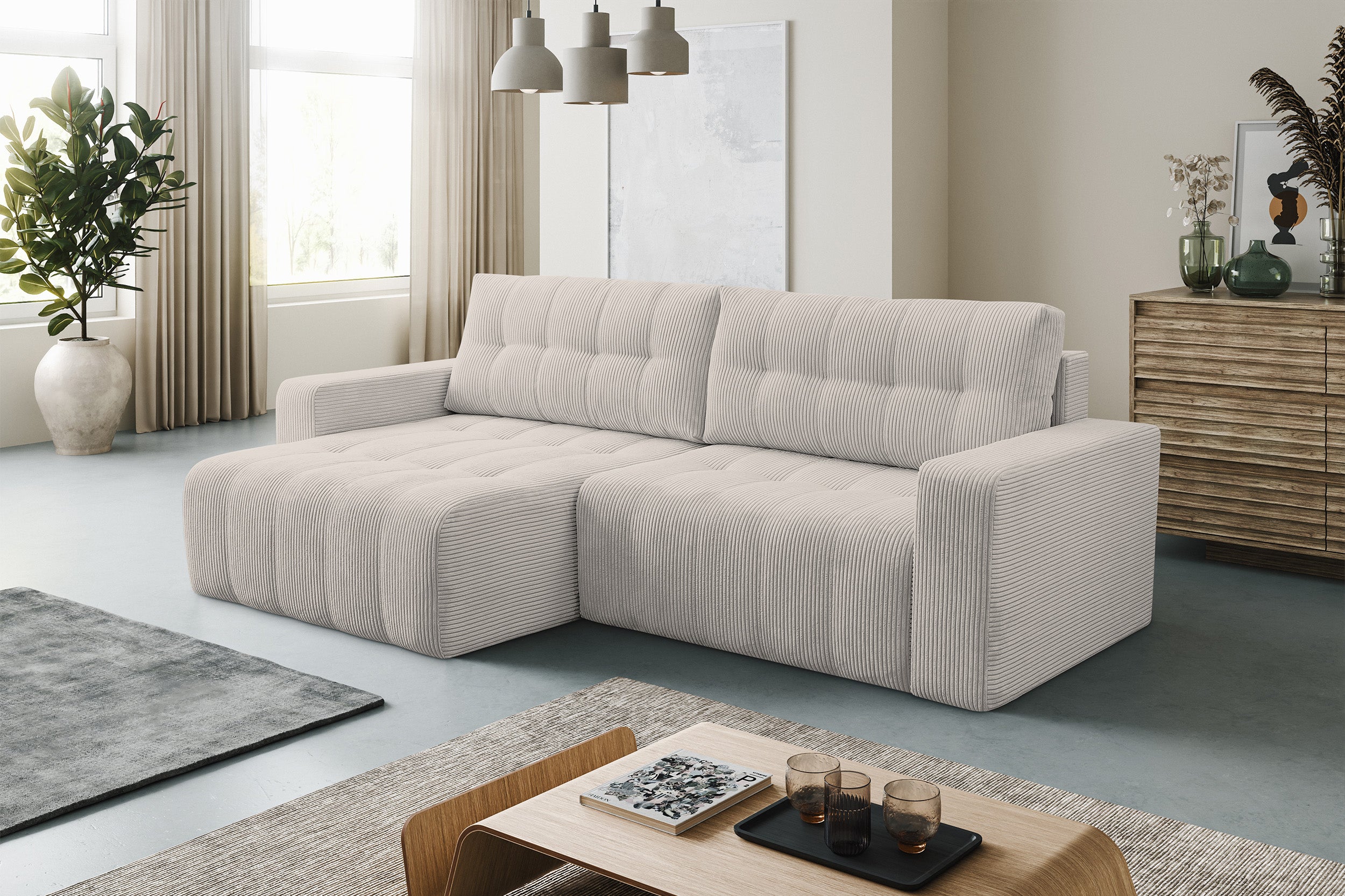 Ecksofa mit Schlaffunktion Maillo, L-förmig, universell, mit Stauraum, hellbeiger Cordstoff
