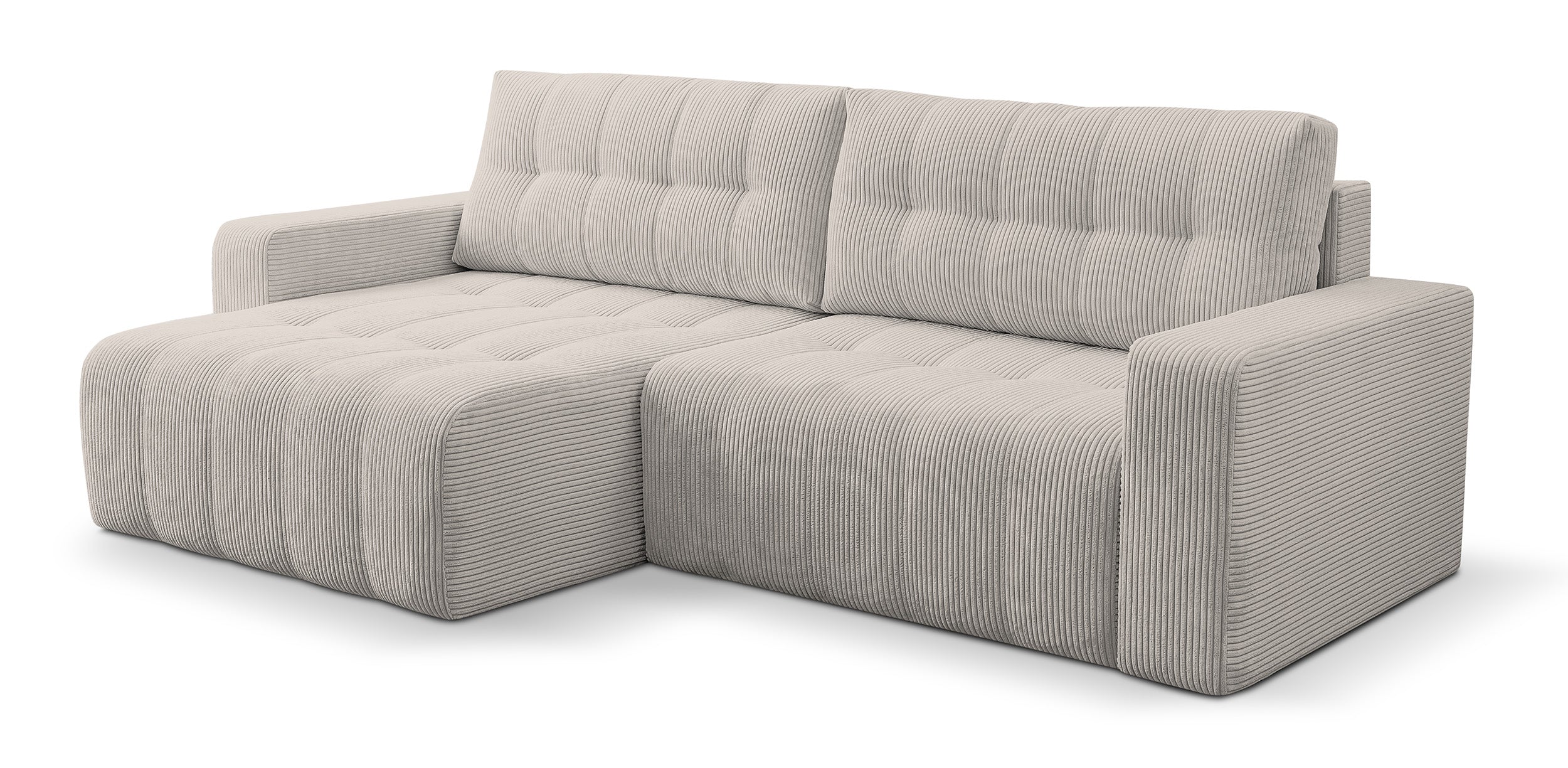 Ecksofa mit Schlaffunktion Maillo, L-förmig, universell, mit Stauraum, hellbeiger Cordstoff