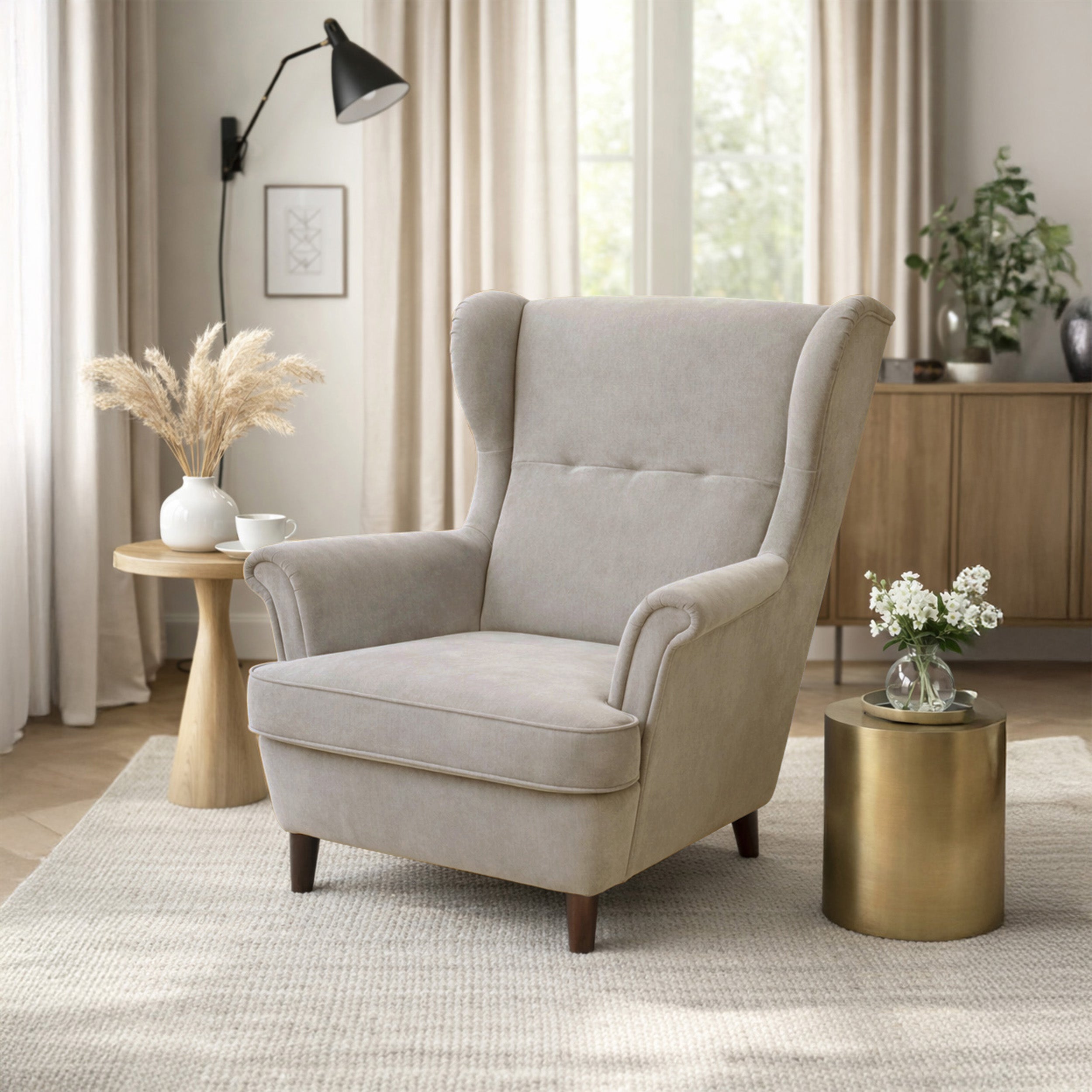 Sessel Malmello Ohrensessel beige Velours, pflegeleicht, schwarze Beine