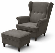 Ohrensessel Malmello mit Hocker, dunkelgrauer Velours, pflegeleicht, schwarze Beine