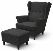 Ohrensessel Malmello mit Fußhocker, anthrazitfarbener Velours, pflegeleicht, schwarze Beine