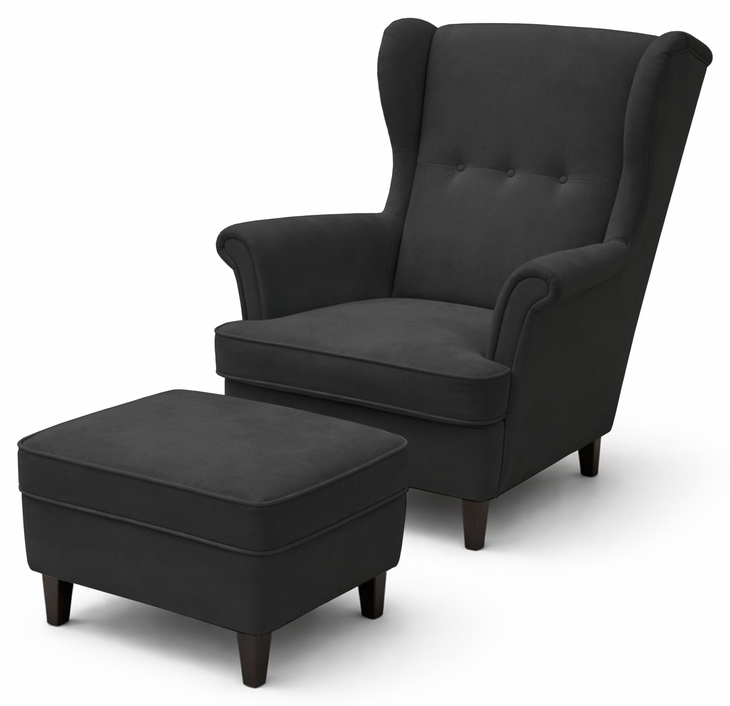 Ohrensessel Malmello mit Fußhocker, anthrazitfarbener Velours, pflegeleicht, schwarze Beine