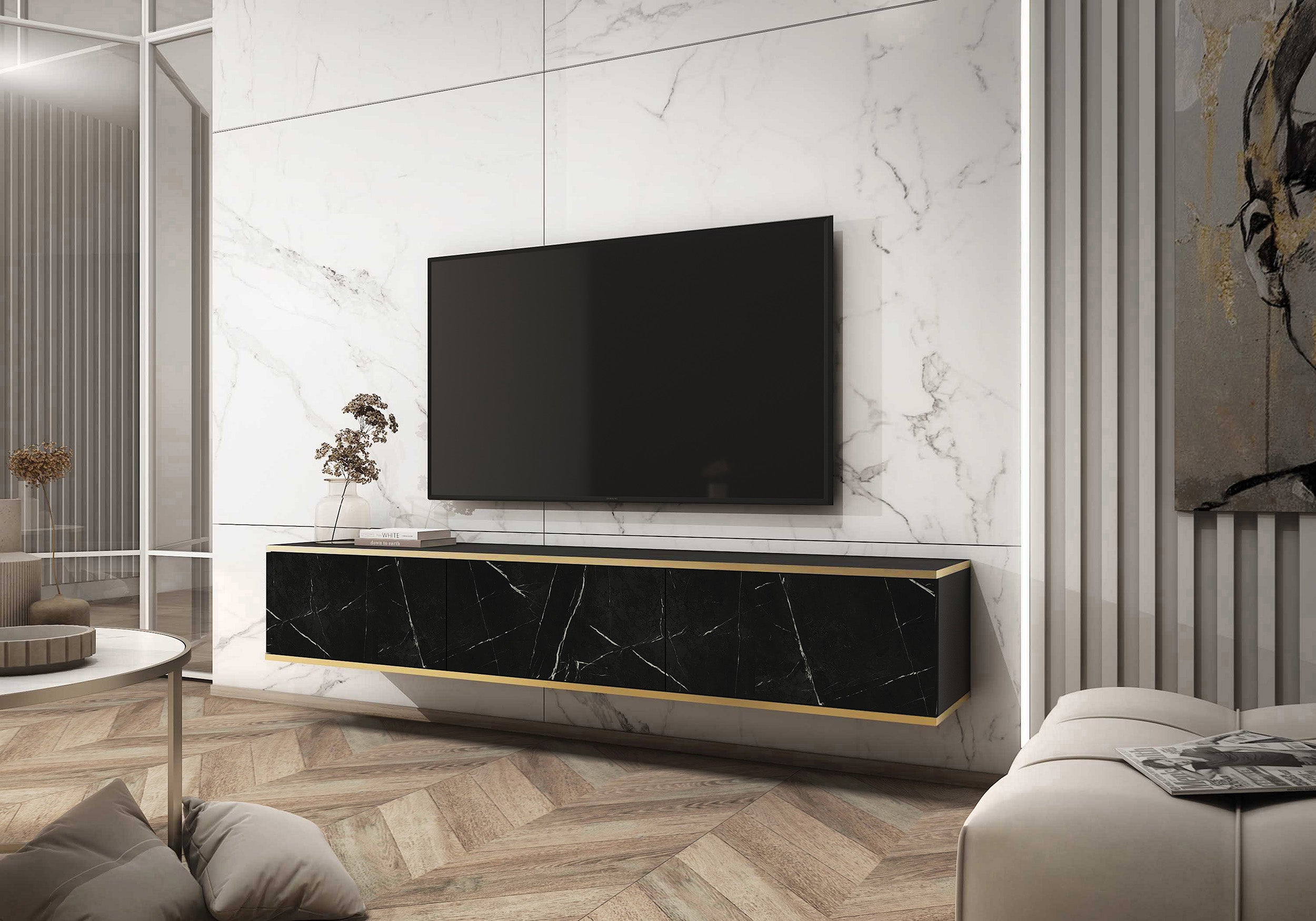 TV-Schrank Mucalma 175 cm schwarzer Marmor mit goldenen Applikationen