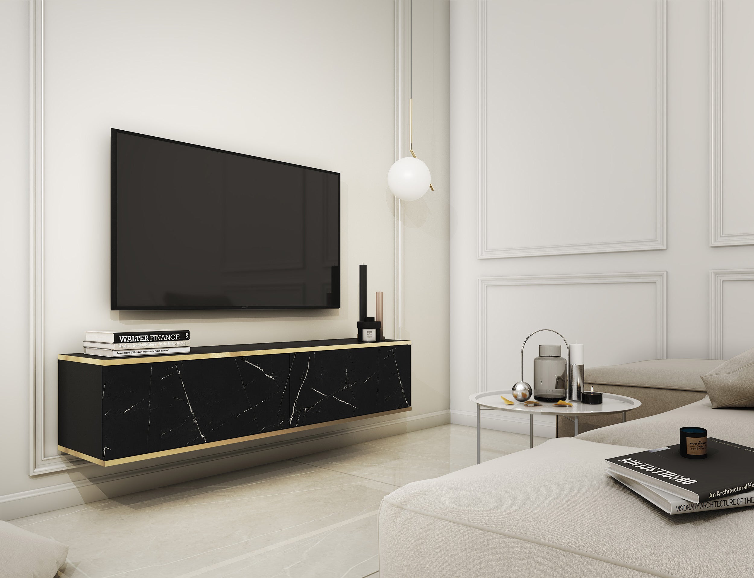 TV-Schrank Mucalma 135 cm schwarzer Marmor mit goldenen Einsätzen