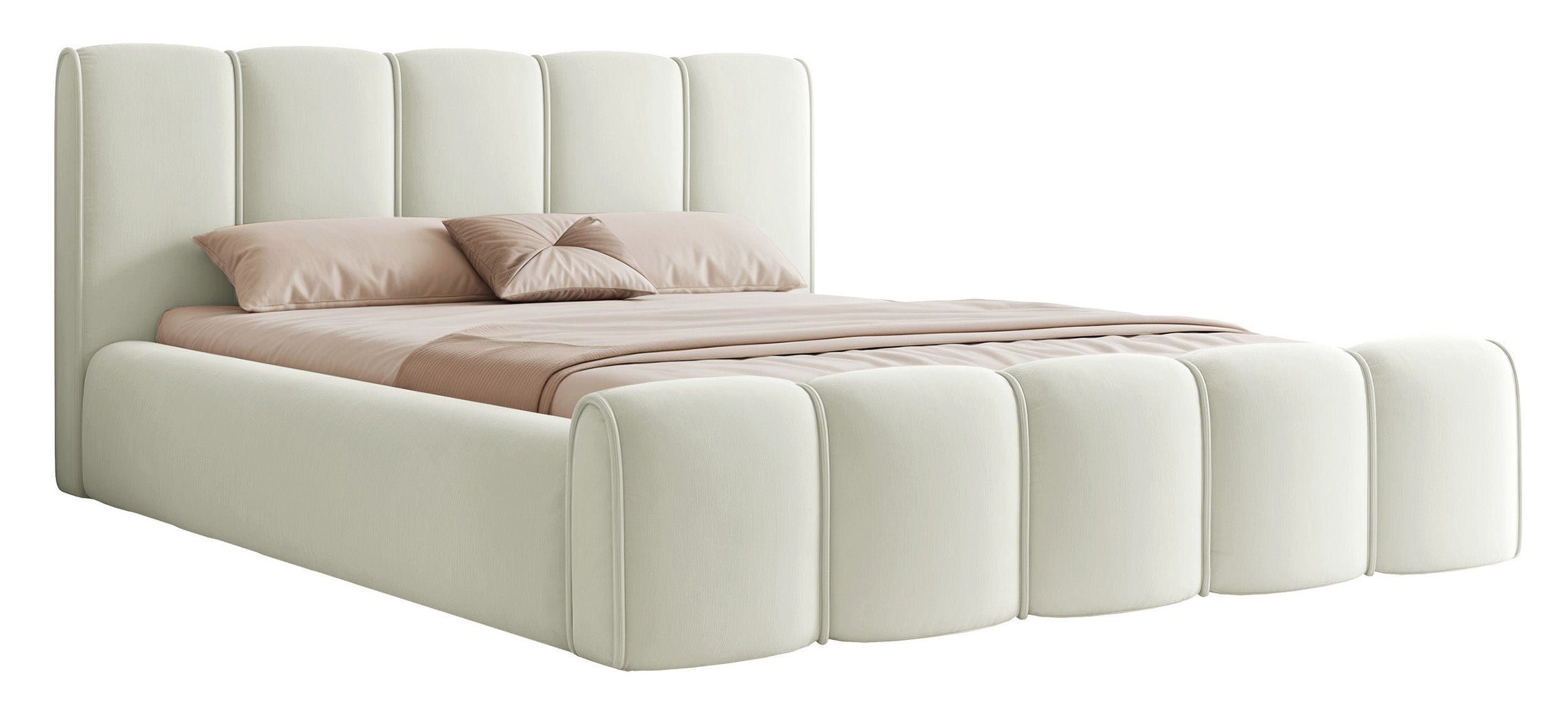 Polsterbett 140x200 cm Moenne mit Stauraum, Metallrahmen, cremefarbener hydrophober Samt